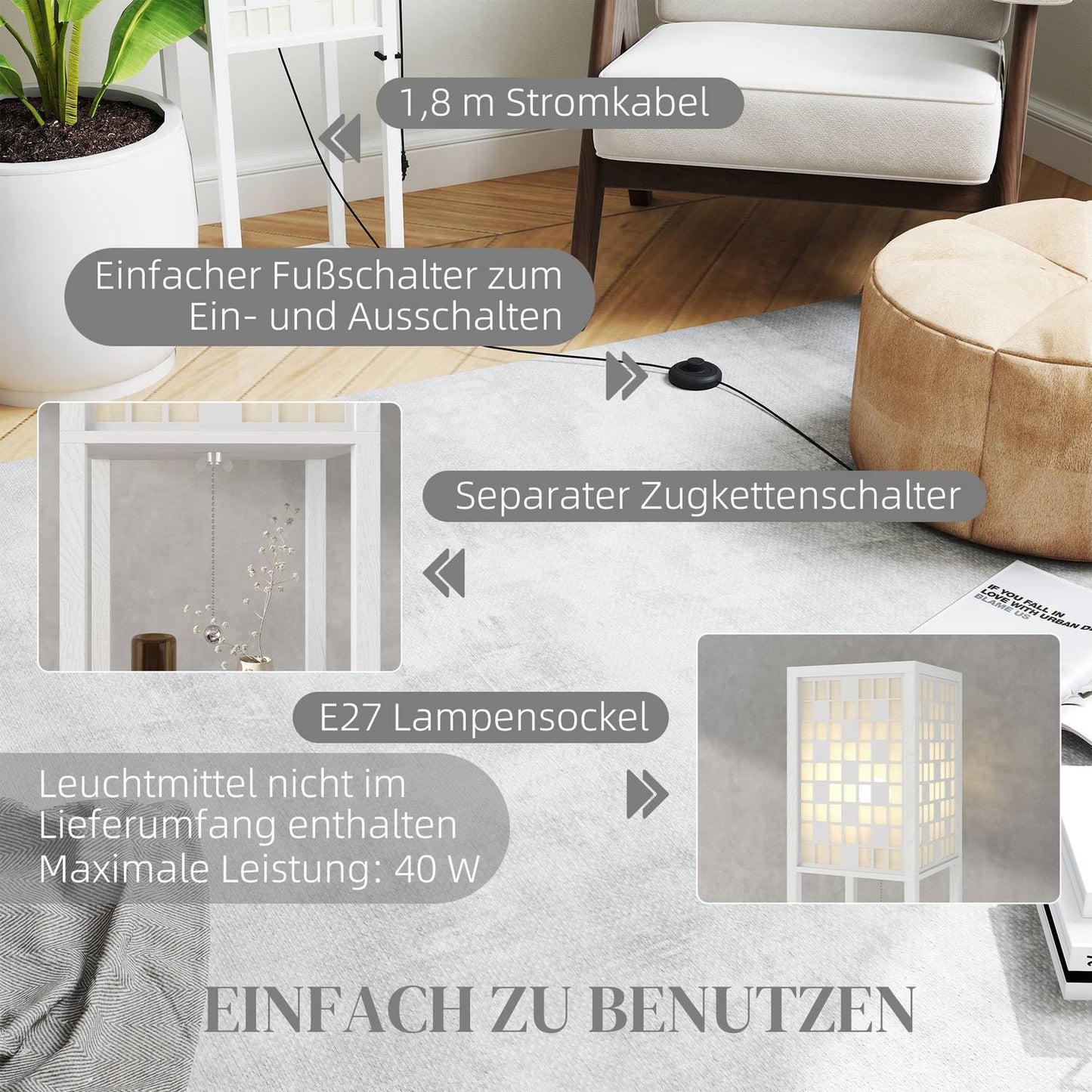 Floor Lamp with Lattice Shade and Dual Shelves, White