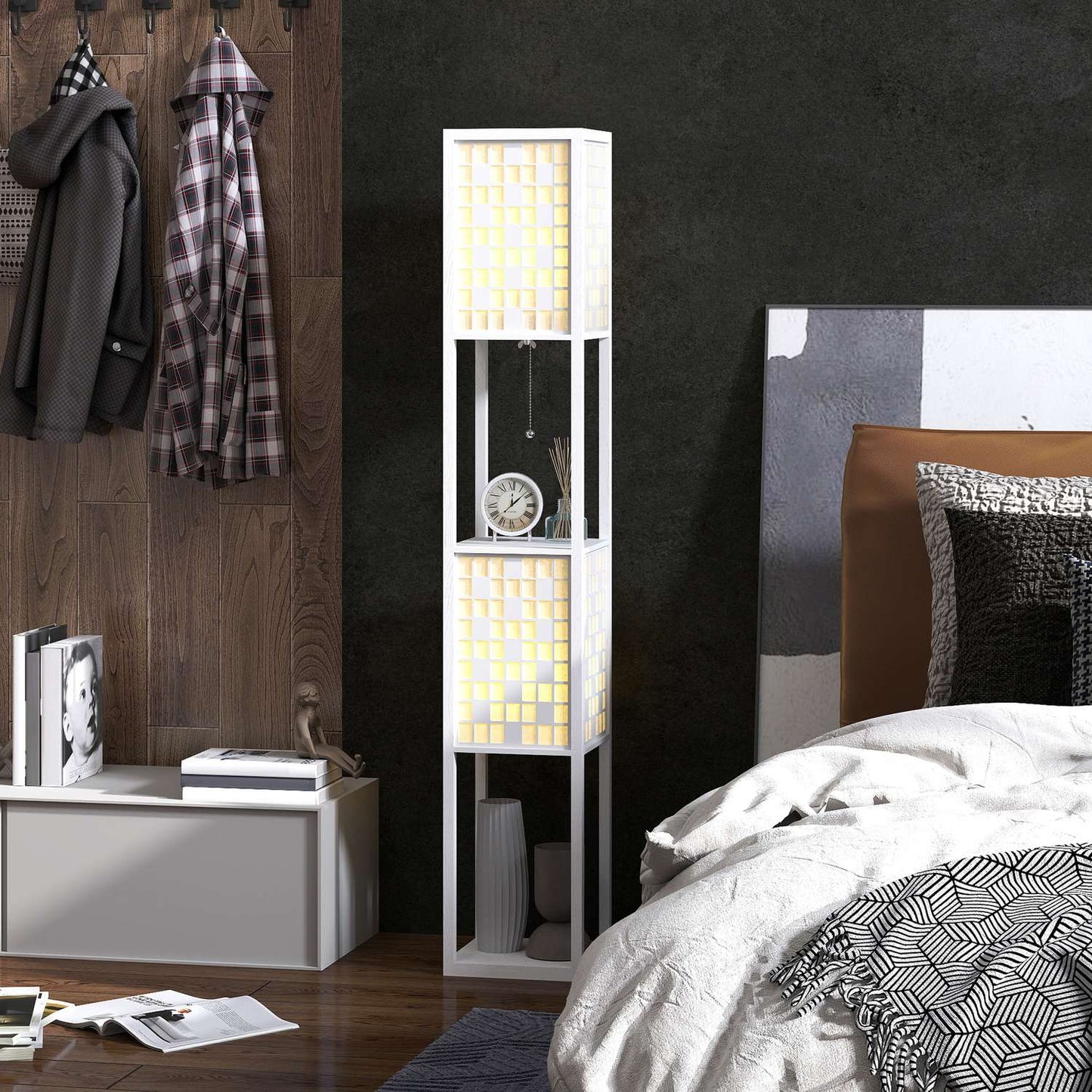 Floor Lamp with Lattice Shade and Dual Shelves, White