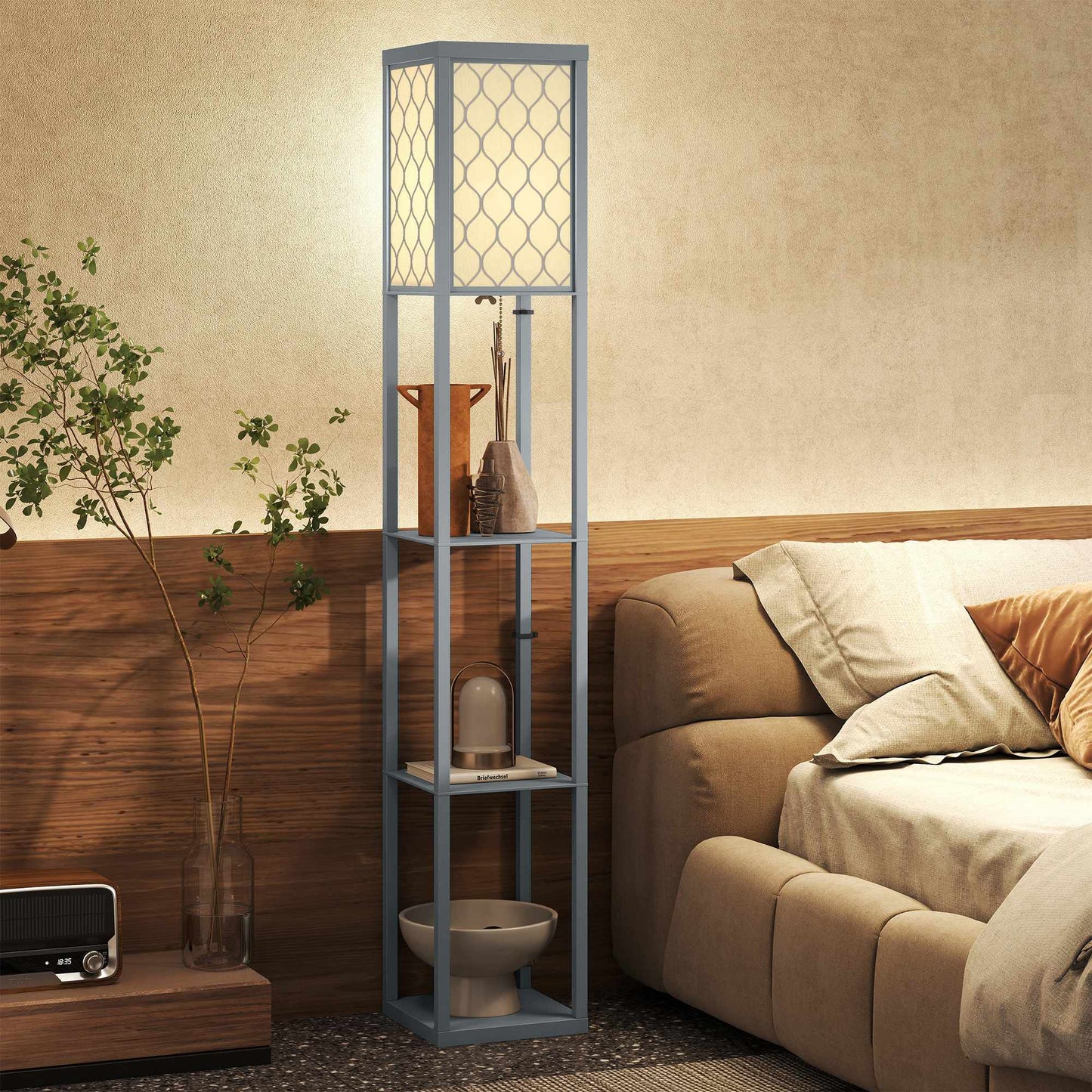 Floor Lamp with Shelf, 3 Tiers, Compact MDF, Light Grey