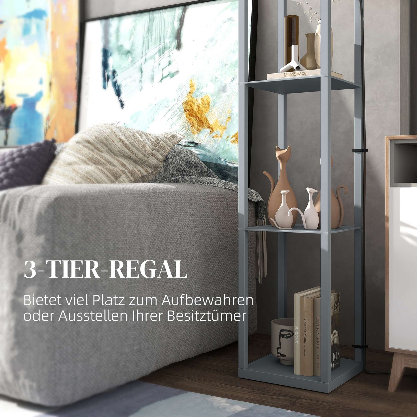 Floor Lamp with Shelf, 3 Tiers, Compact MDF, Light Grey