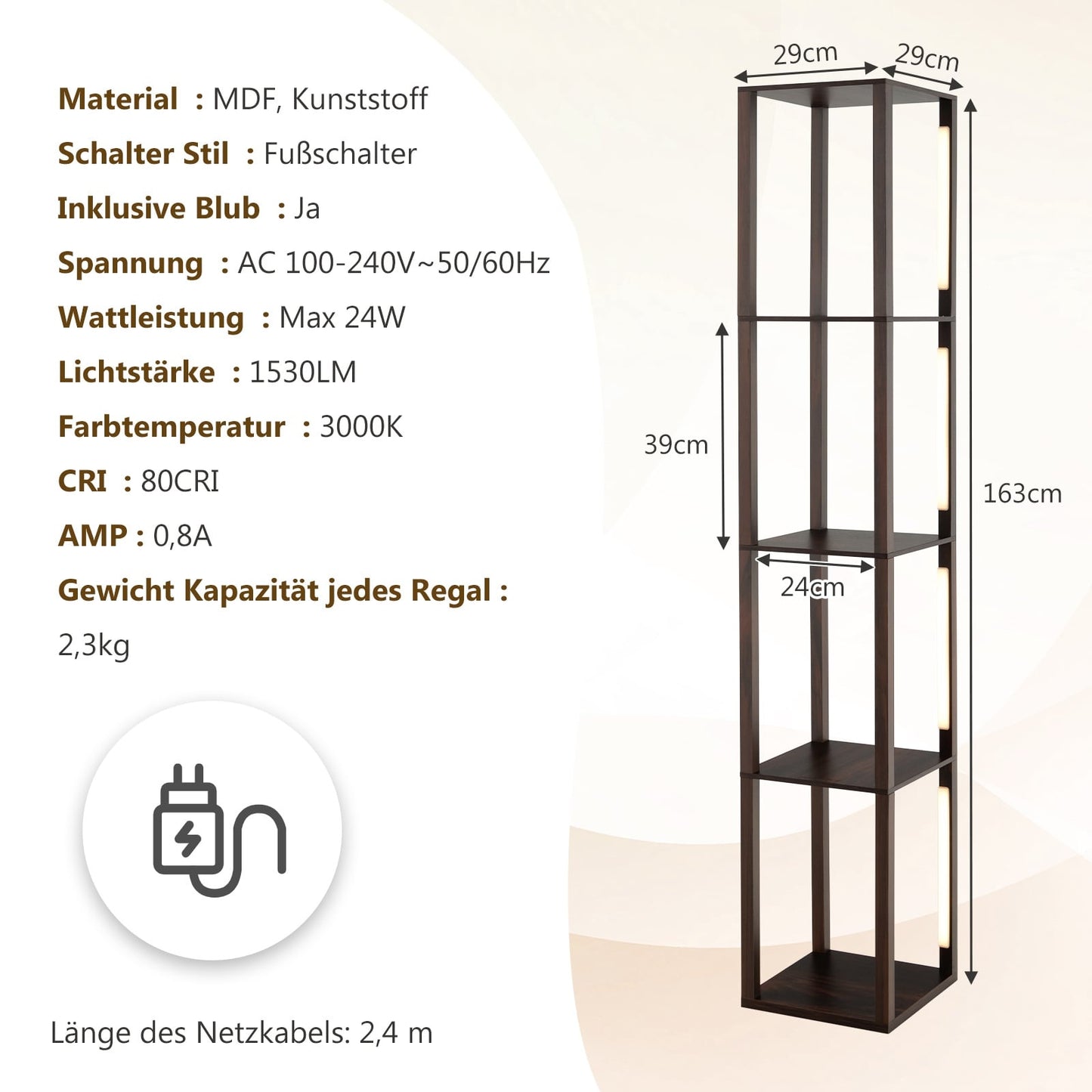 Floor Lamp with Shelves, 3-Stage Dimmable LED, Brown