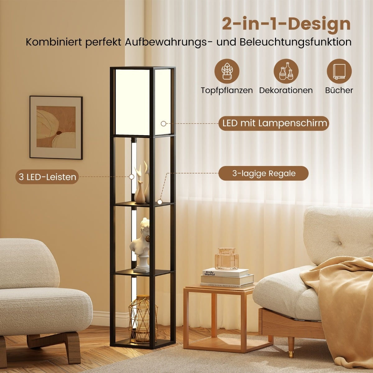 Floor Lamp with Shelves & Adjustable LED Strips