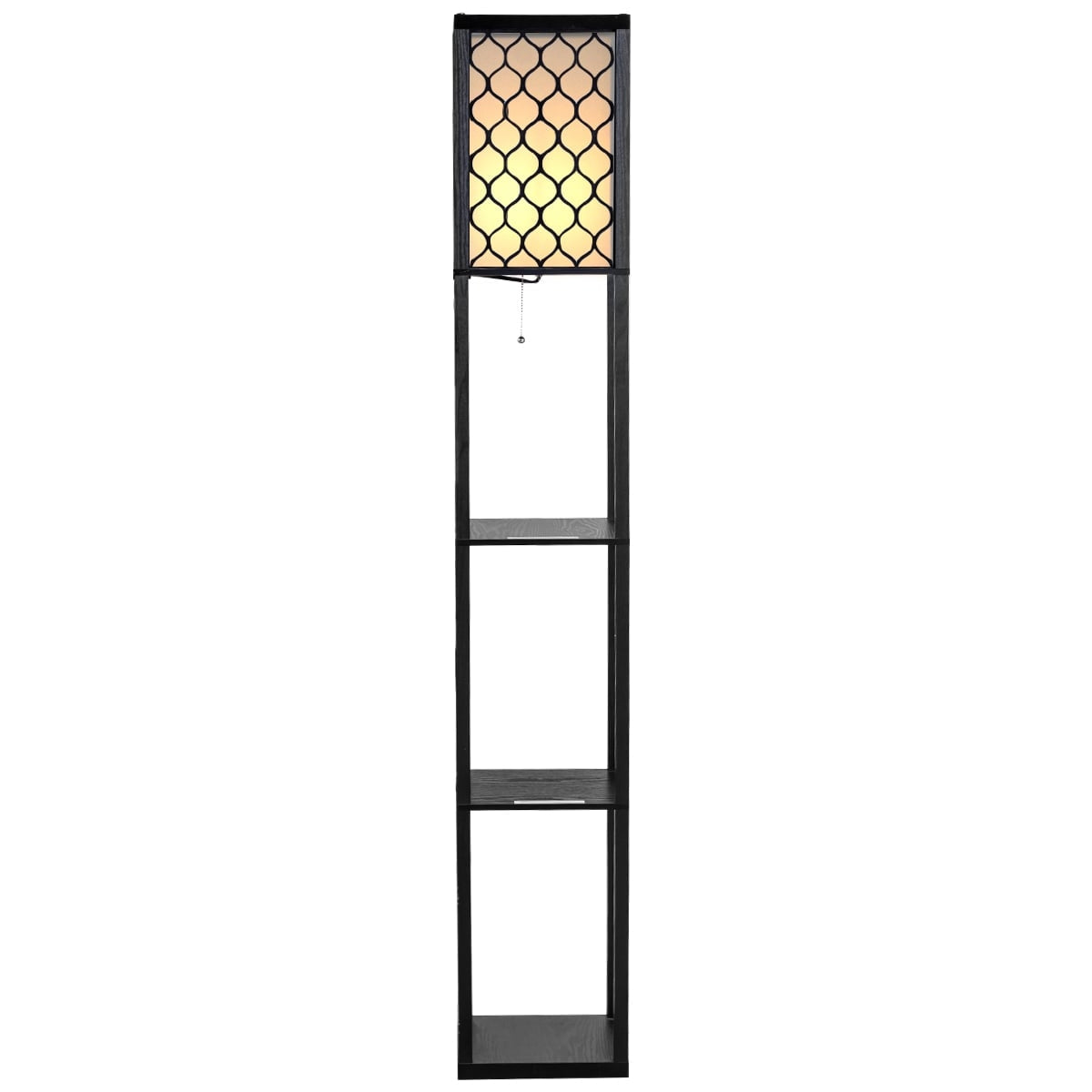 Floor Lamp with Shelves, Black Wood, Cream Shade, 160cm