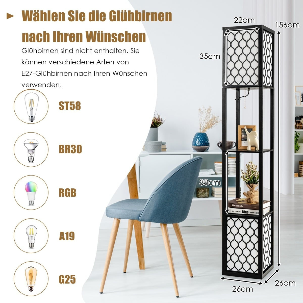 Floor Lamp with Shelves, Dual Light, White Shade, 156 cm