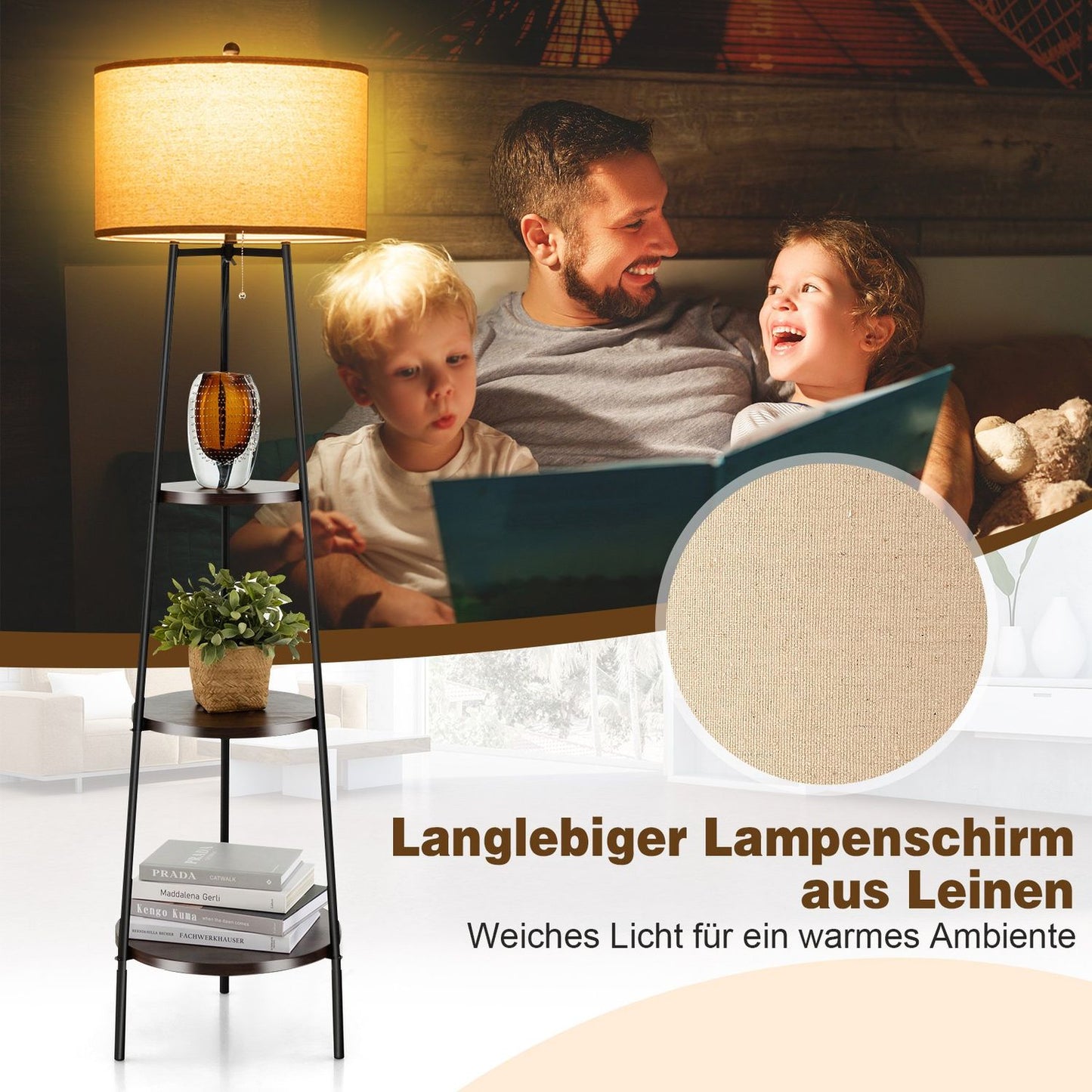 Floor Lamp with Shelves, Linen Shade, E27 Socket
