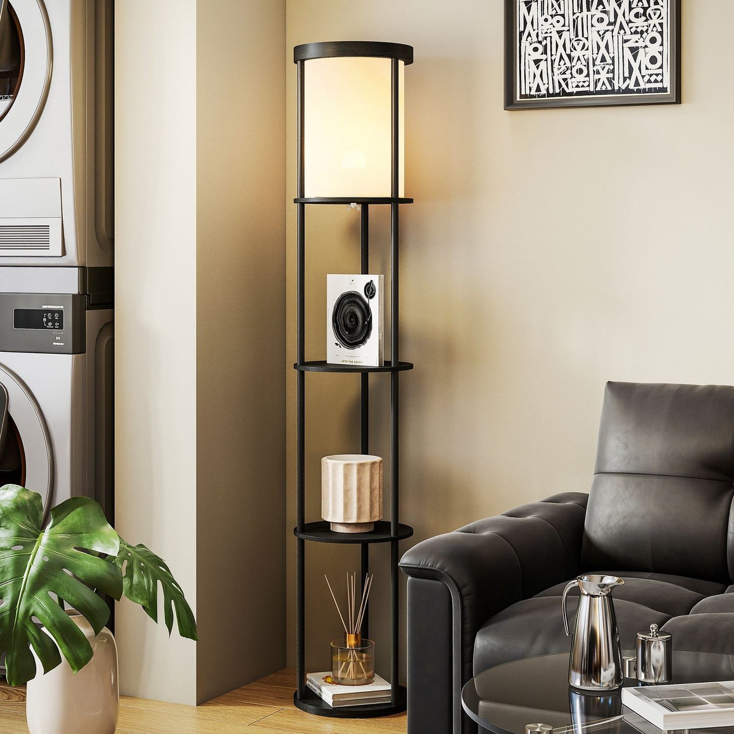 Floor Lamp with Shelves, Remote Control, Adjustable Light, Black