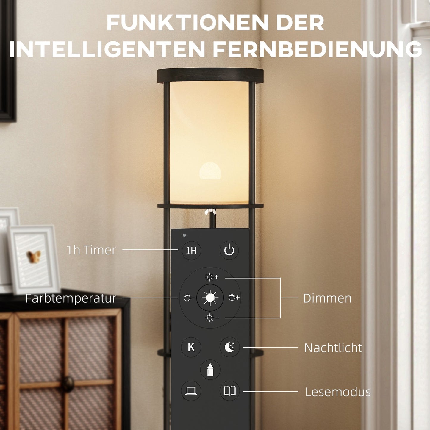 Floor Lamp with Shelves, Remote Control, Adjustable Light, Black