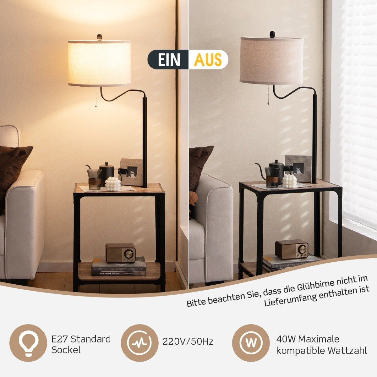 Floor Lamp with Side Table, USB Ports, 360° Rotating Arm