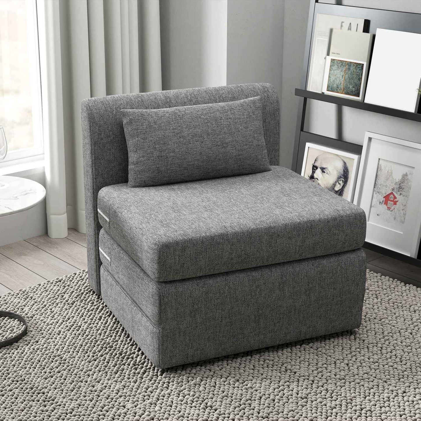 Sofa bed and floor chair, 240 kg load, gray linen