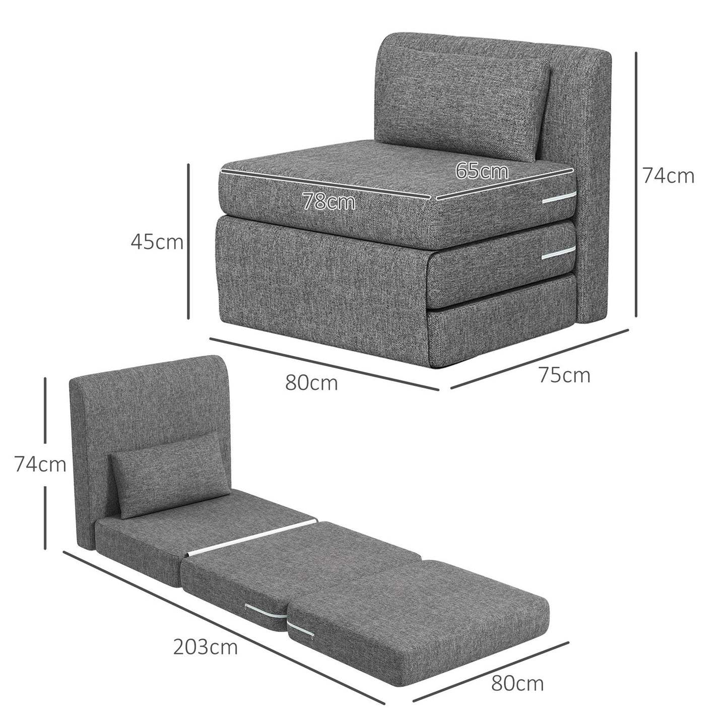 Sofa bed and floor chair, 240 kg load, gray linen
