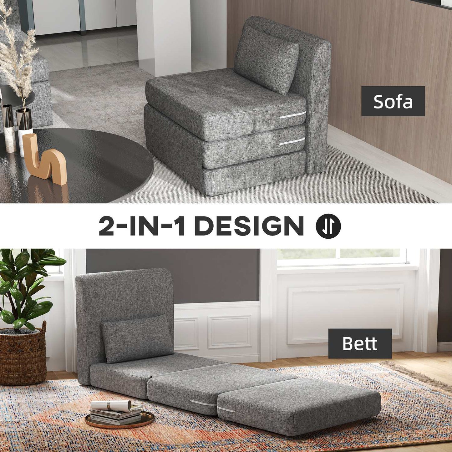 Sofa bed and floor chair, 240 kg load, gray linen