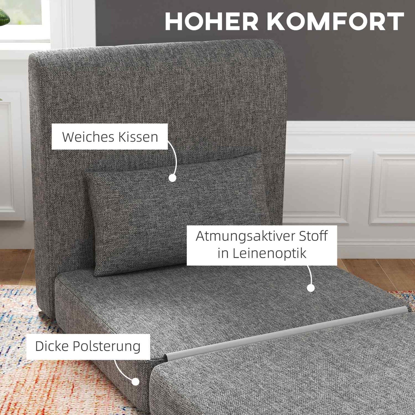 Sofa bed and floor chair, 240 kg load, gray linen