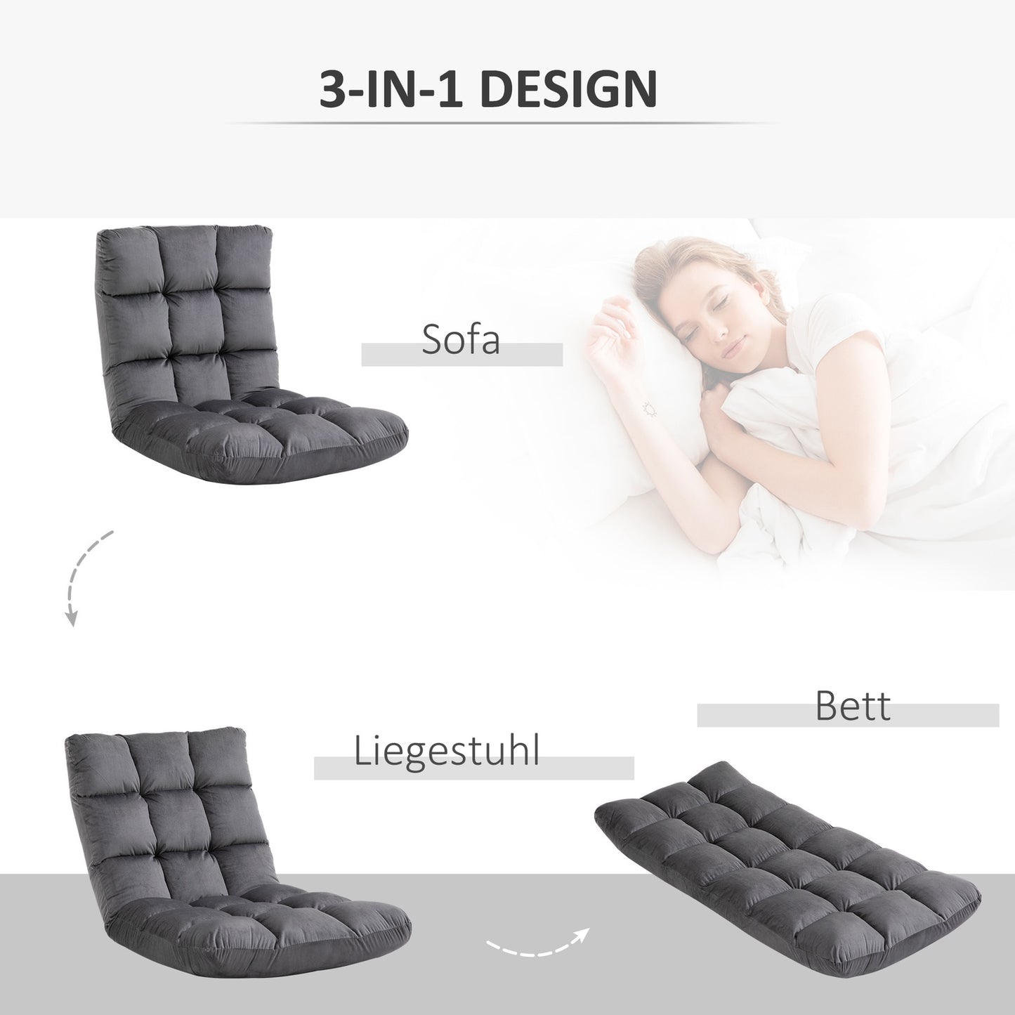 Adjustable 3-in-1 floor chair, foldable, gray, foam cushion