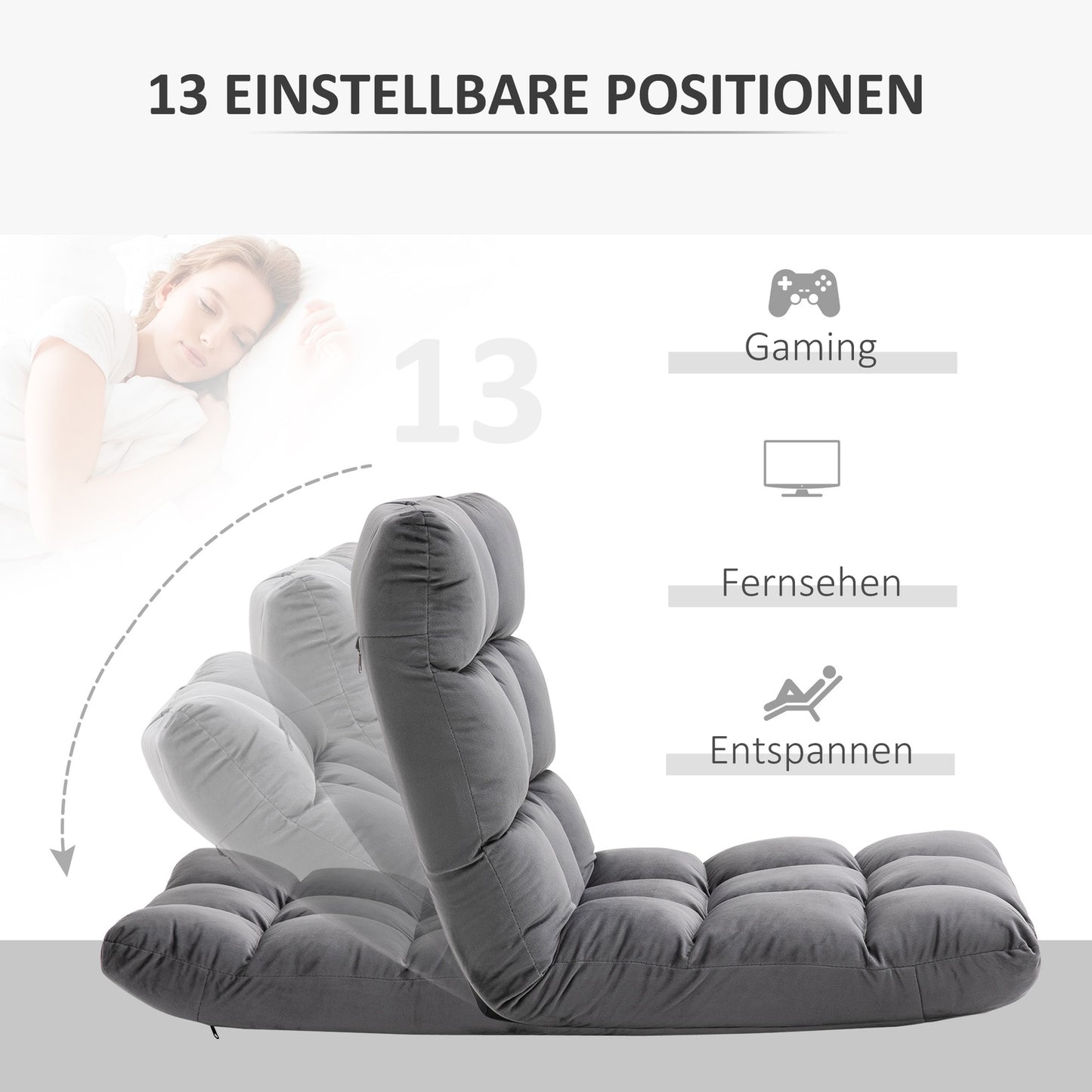 Adjustable 3-in-1 floor chair, foldable, gray, foam cushion