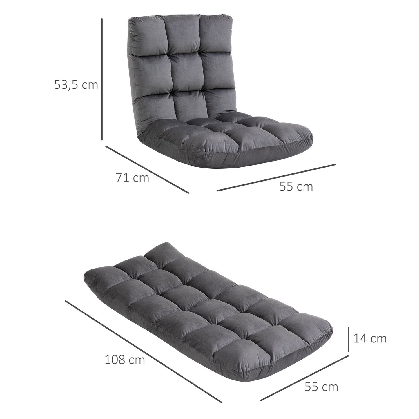 Adjustable 3-in-1 floor chair, foldable, gray, foam cushion