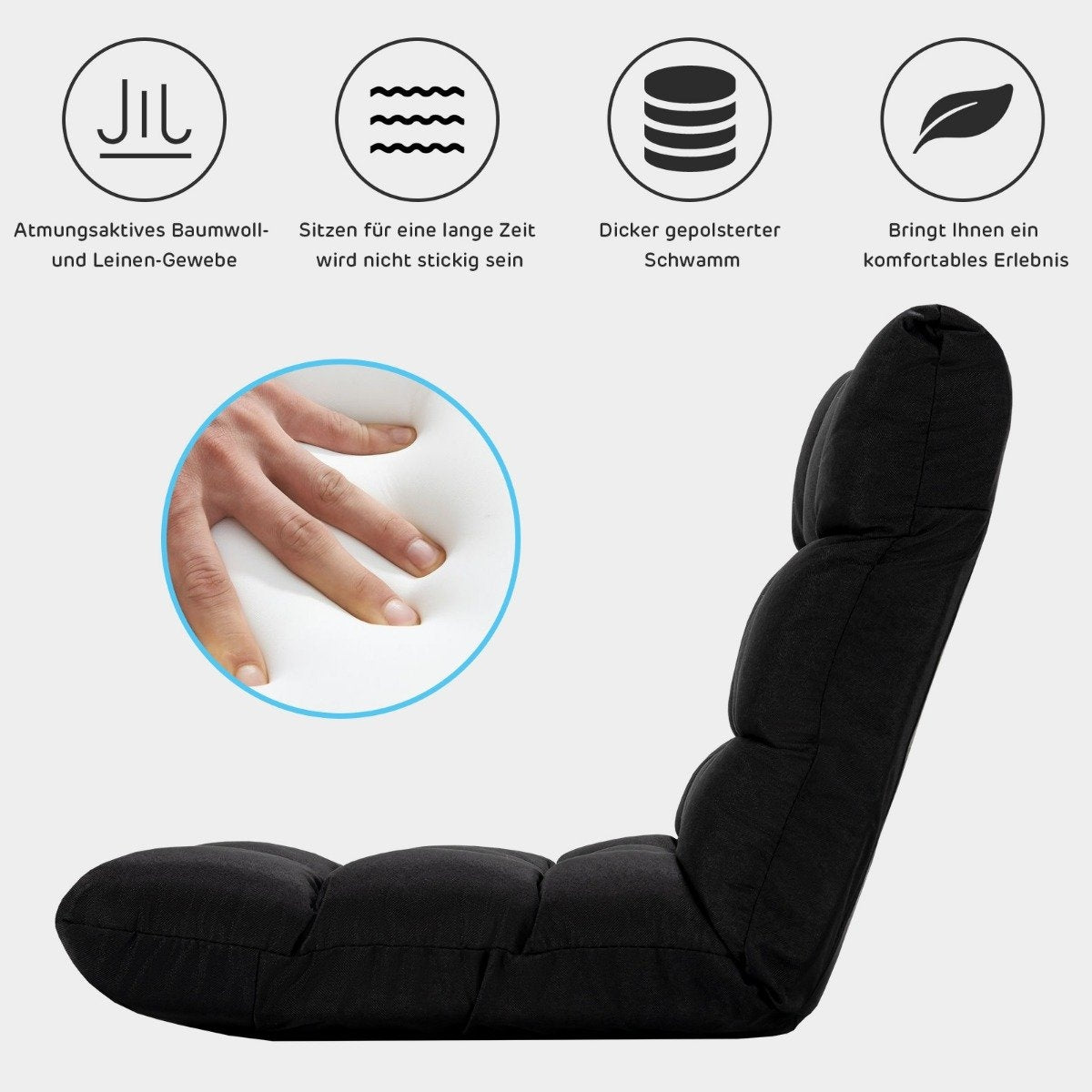 Floor chair adjustable floor chair upholstered floor cushion with backrest raven black