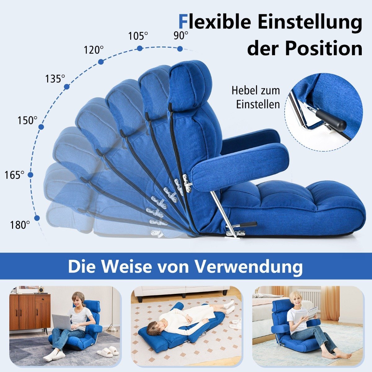 Floor chair folding bond sofa with adjustable backrest 80 x 72 x 75 cm blue