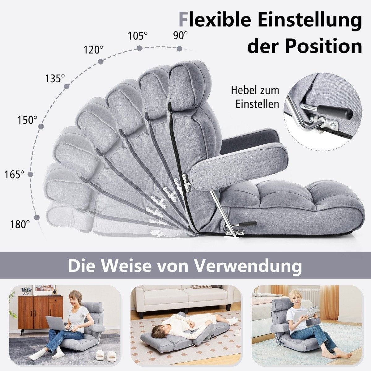 Floor chair folding bond sofa with adjustable backrest 80 x 72 x 75 cm gray