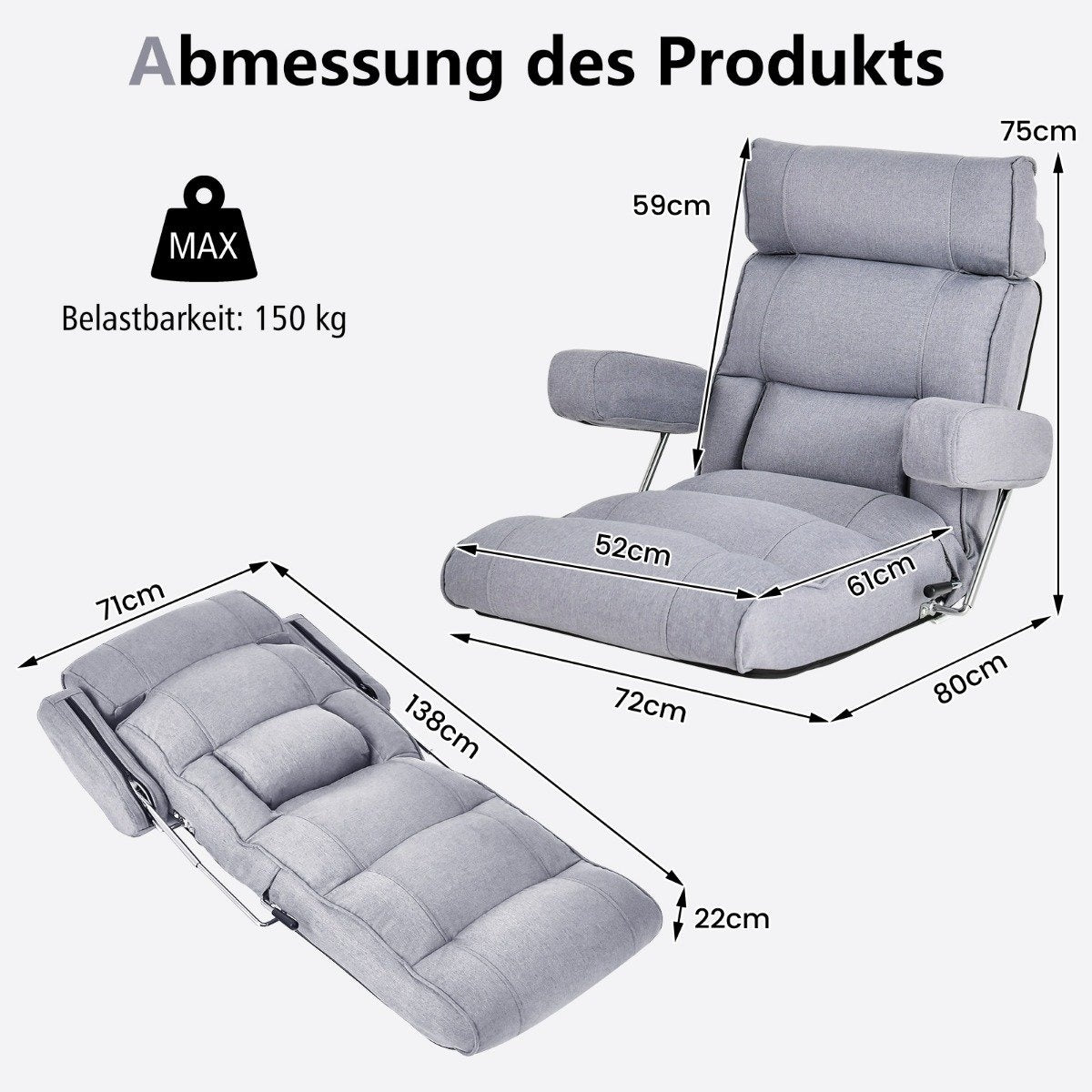 Floor chair folding bond sofa with adjustable backrest 80 x 72 x 75 cm gray