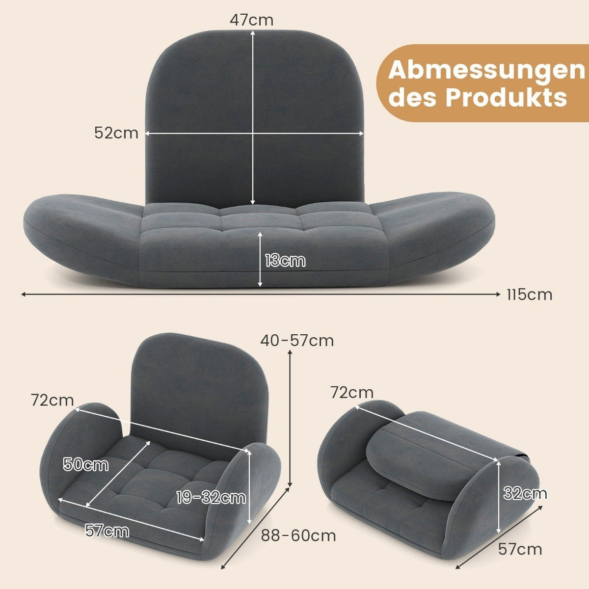 Floor chair with adjustable backrest & armrests Bondensofa folding floor chair gray