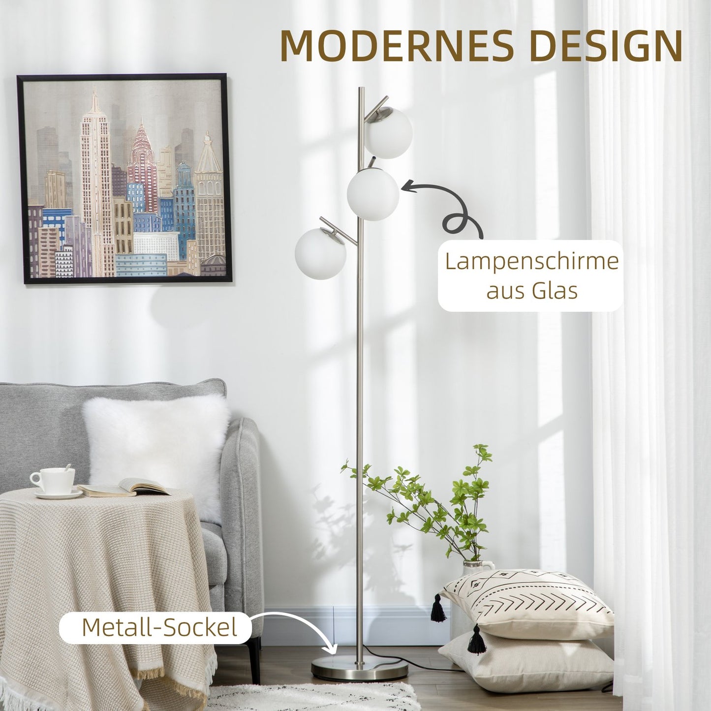 Floor lamp 40W E27, Silver & White, 169 cm, 3 glass shades