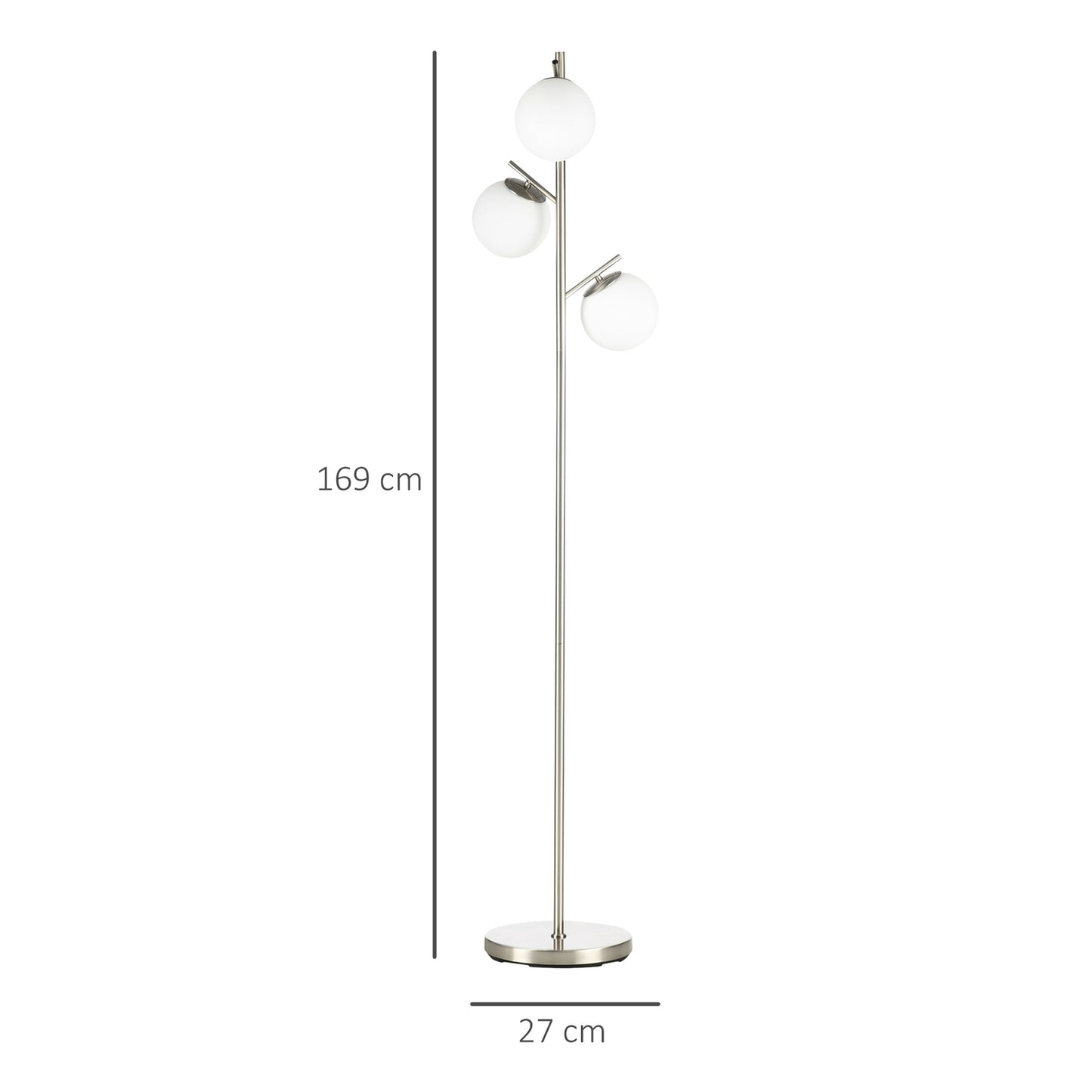 Floor lamp 40W E27, Silver & White, 169 cm, 3 glass shades