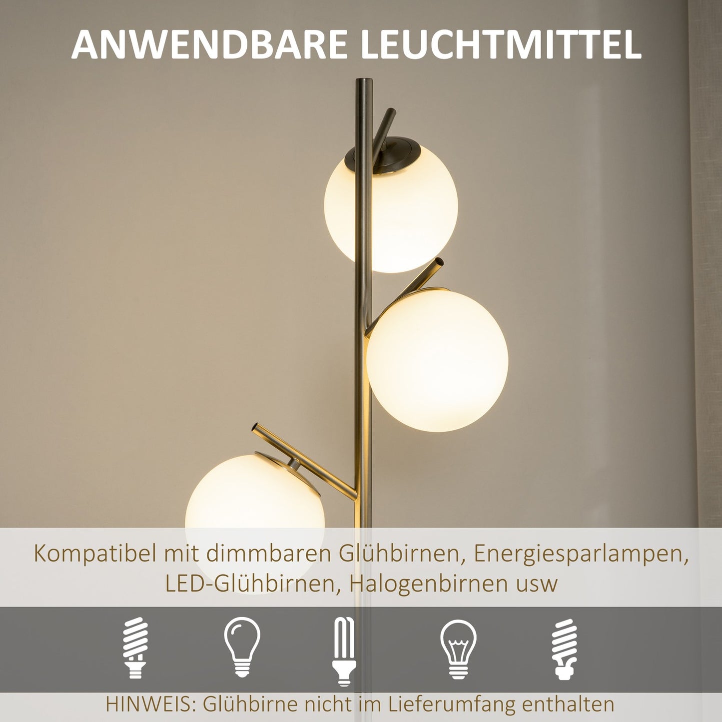 Floor lamp 40W E27, Silver & White, 169 cm, 3 glass shades