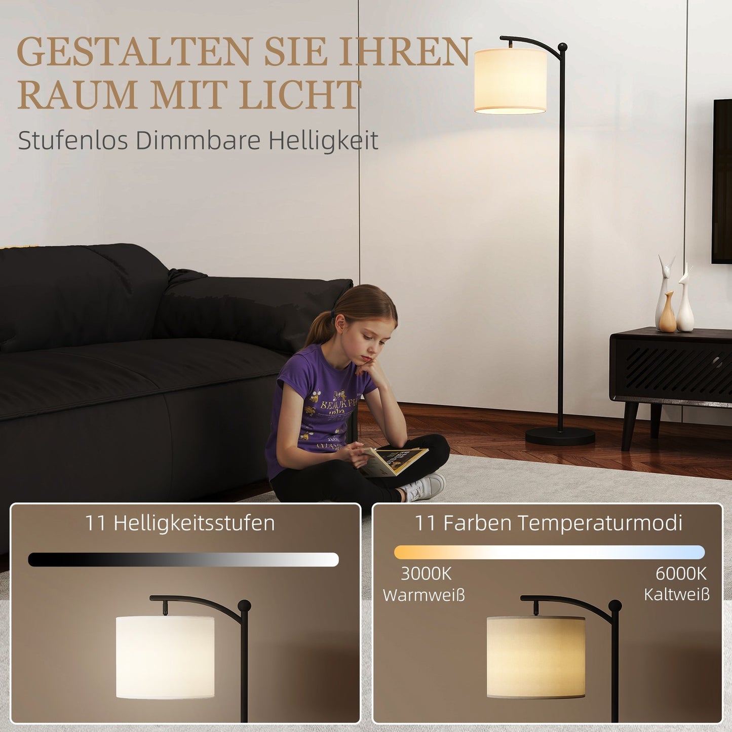 Floor Lamp with Remote, Adjustable Brightness & Color, Black