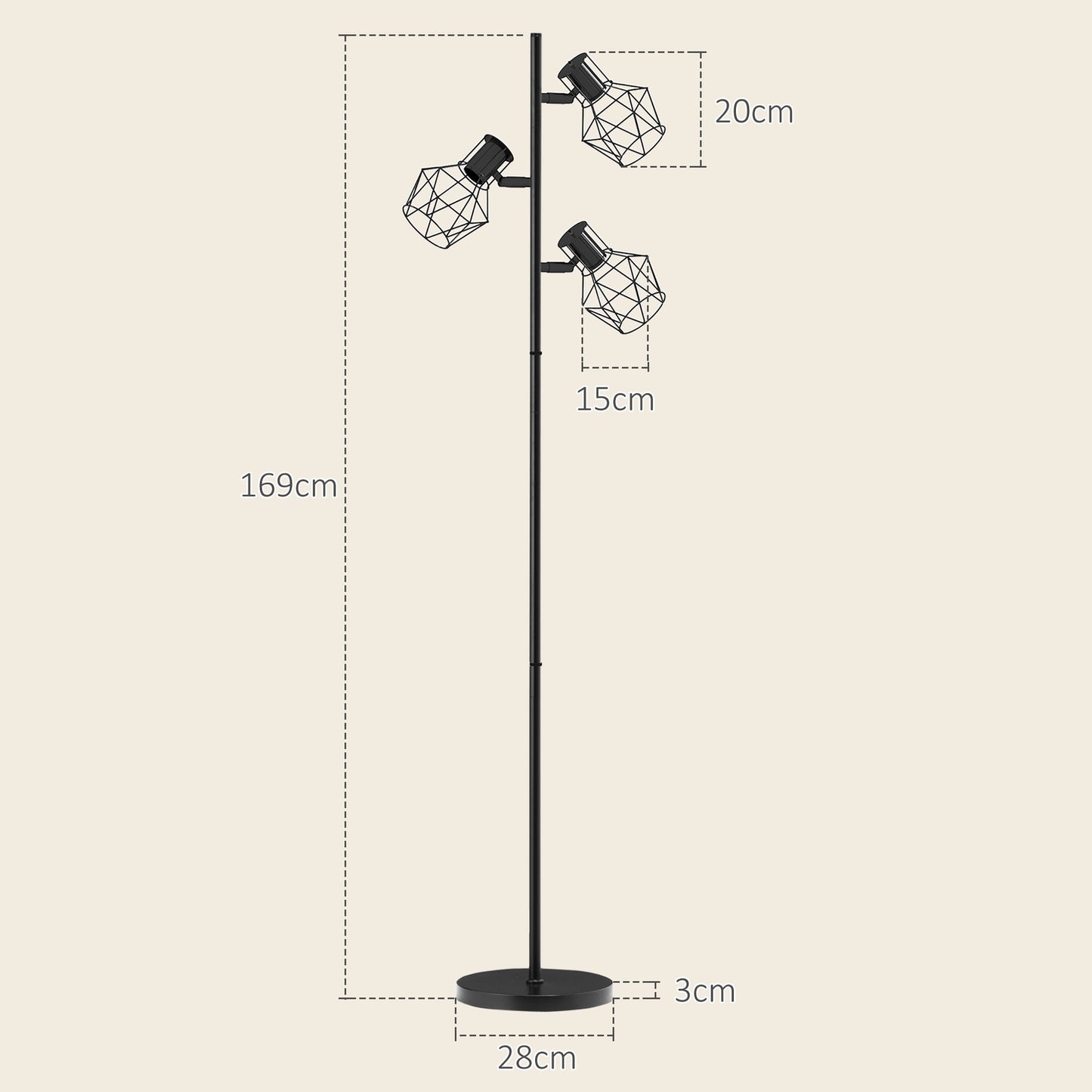 Floor lamp with 3 adjustable heads, 169 cm black metal