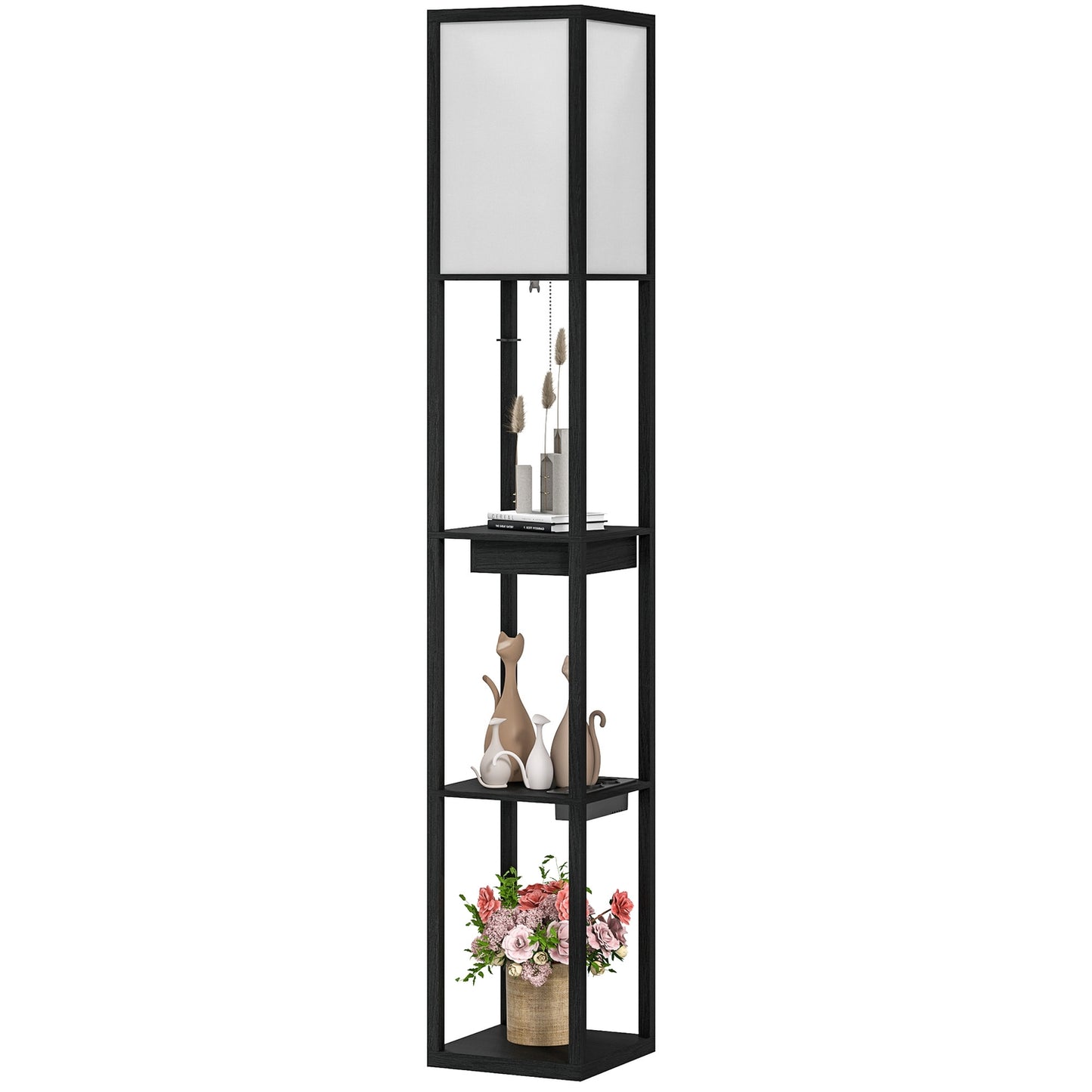 Floor lamp with fabric shade, USB ports, white & black