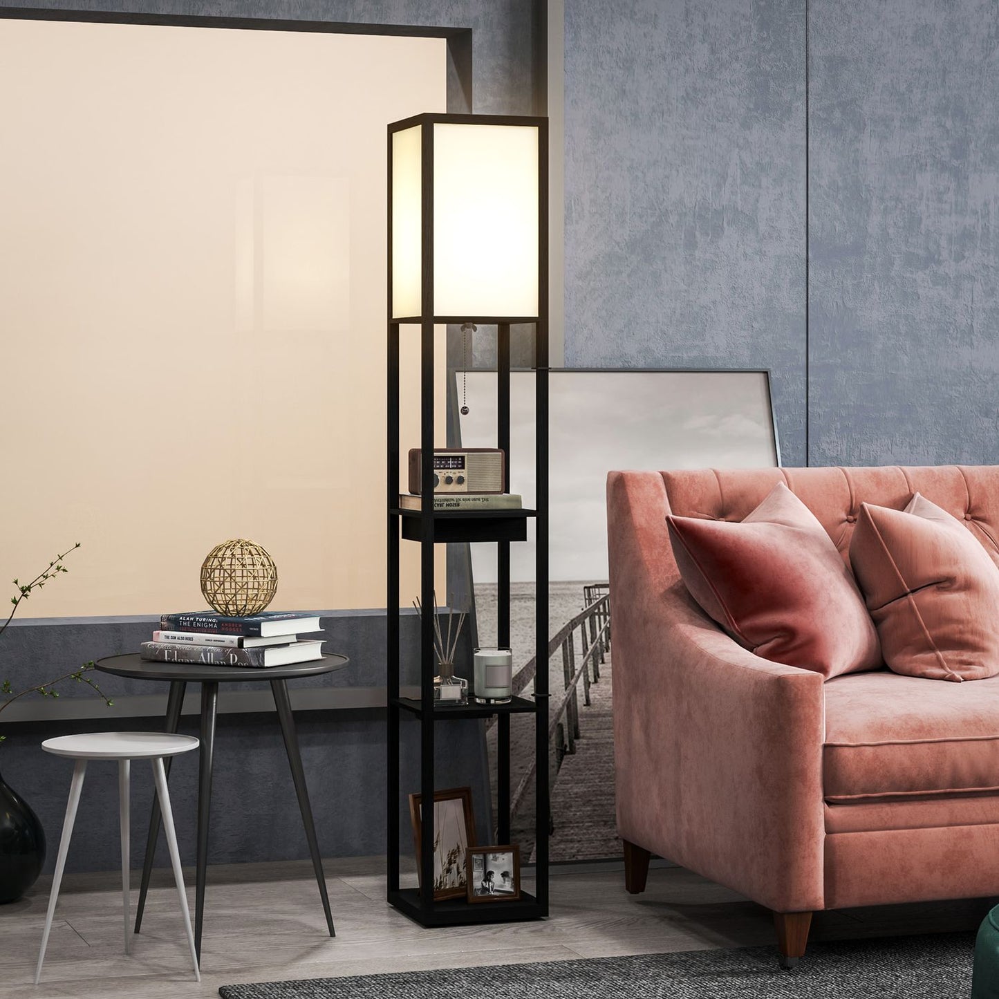 Floor lamp with fabric shade, USB ports, white & black