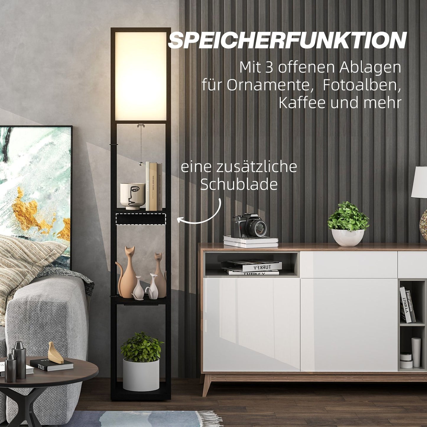 Floor lamp with fabric shade, USB ports, white & black
