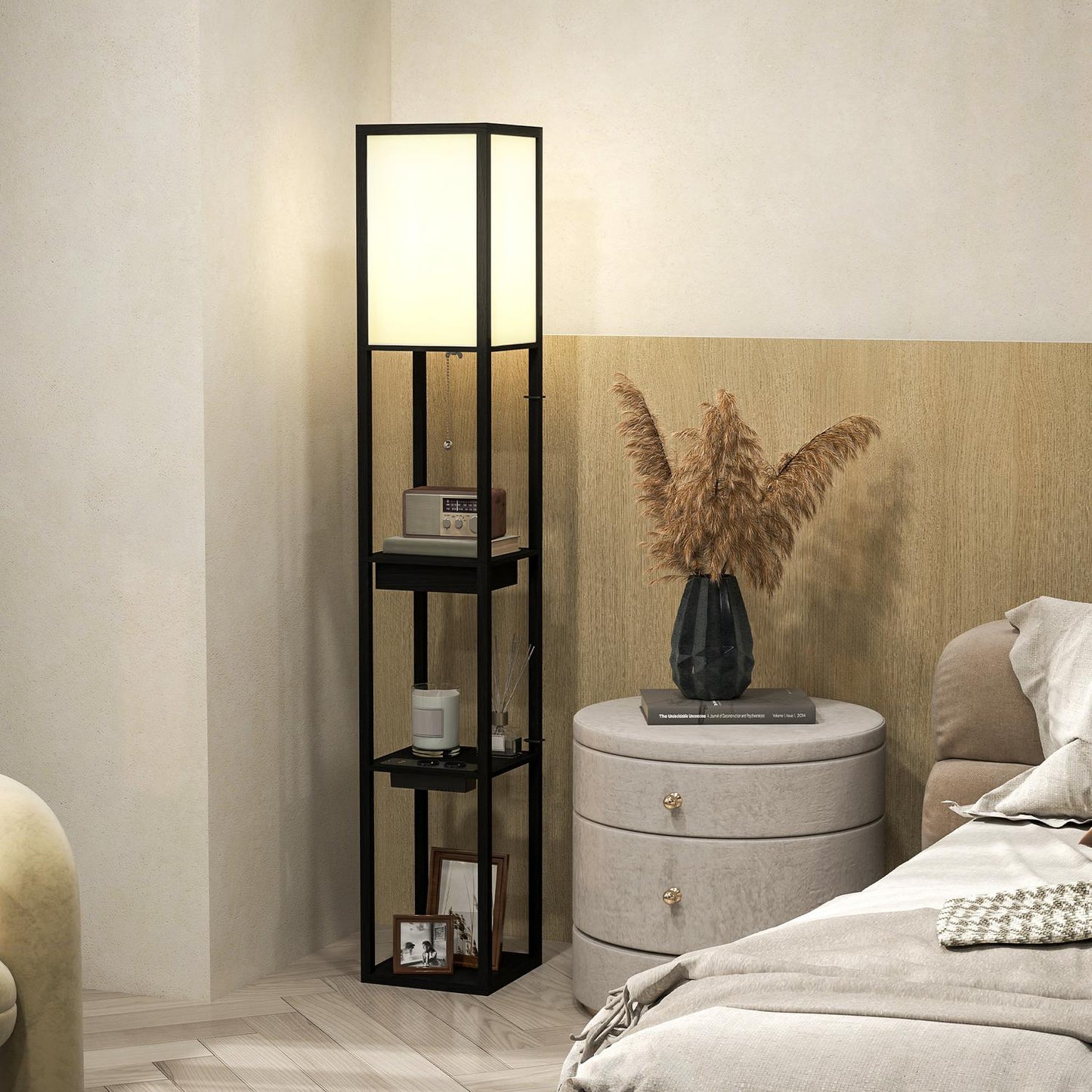 Floor lamp with fabric shade, USB ports, white & black