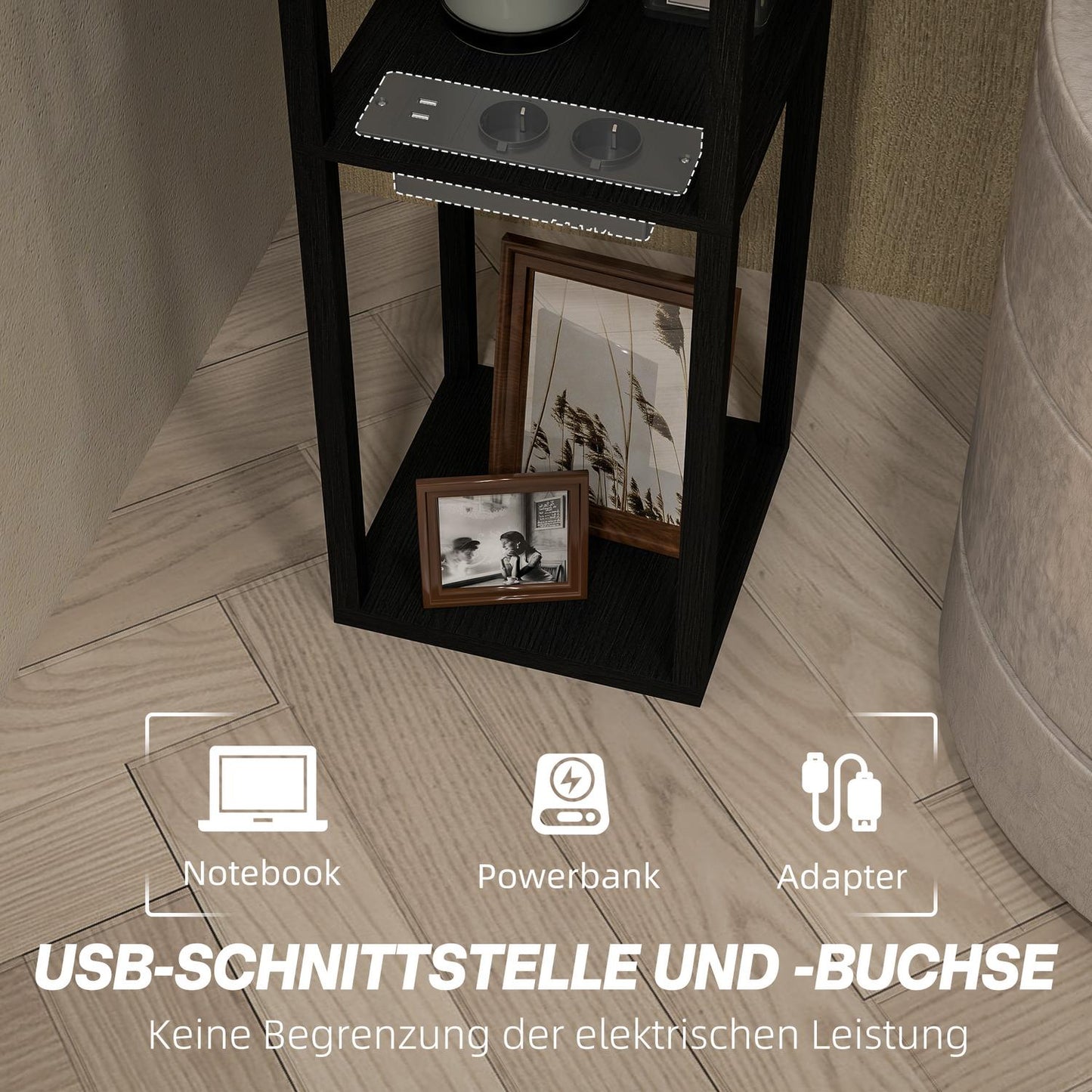 Floor lamp with fabric shade, USB ports, white & black