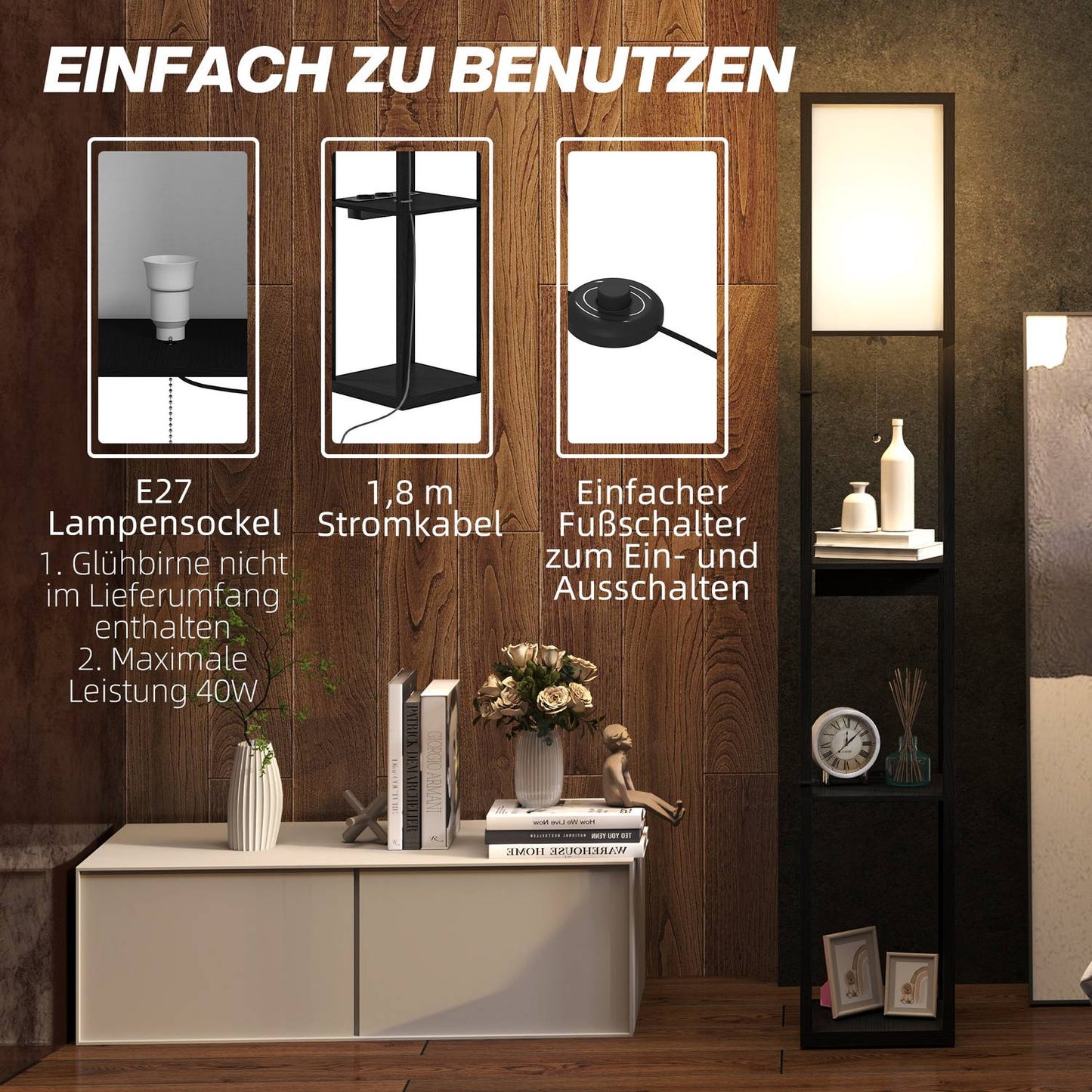 Floor lamp with fabric shade, USB ports, white & black
