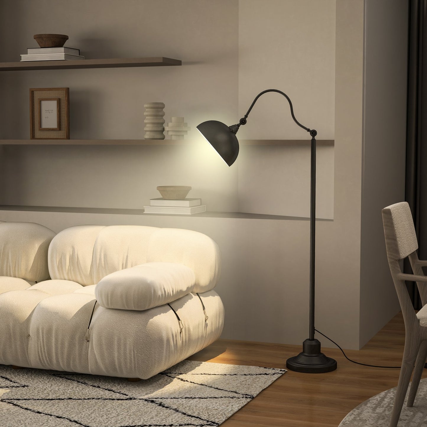 Black Metal Arc Floor Lamp - Adjustable Shade, Retro Design