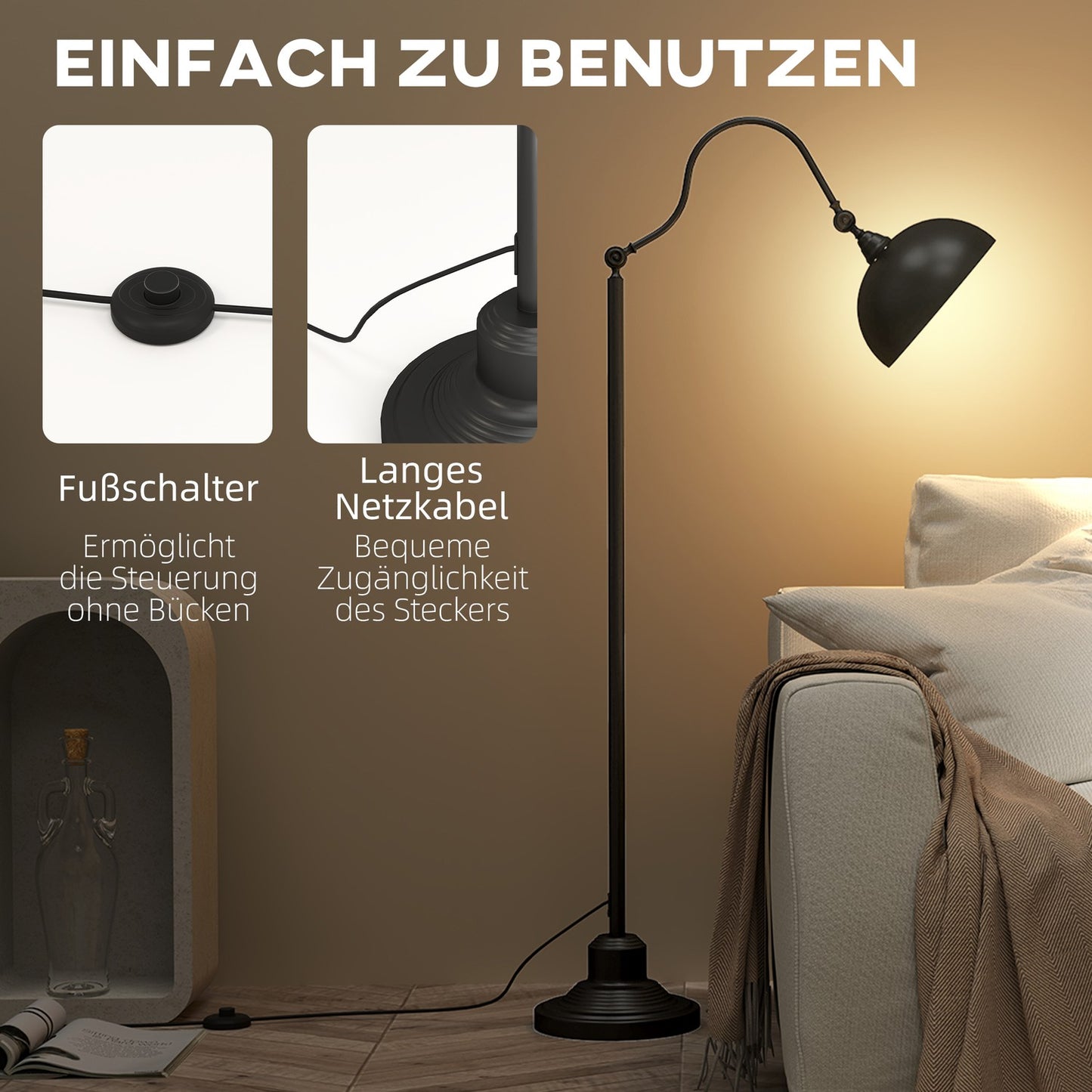 Black Metal Arc Floor Lamp - Adjustable Shade, Retro Design
