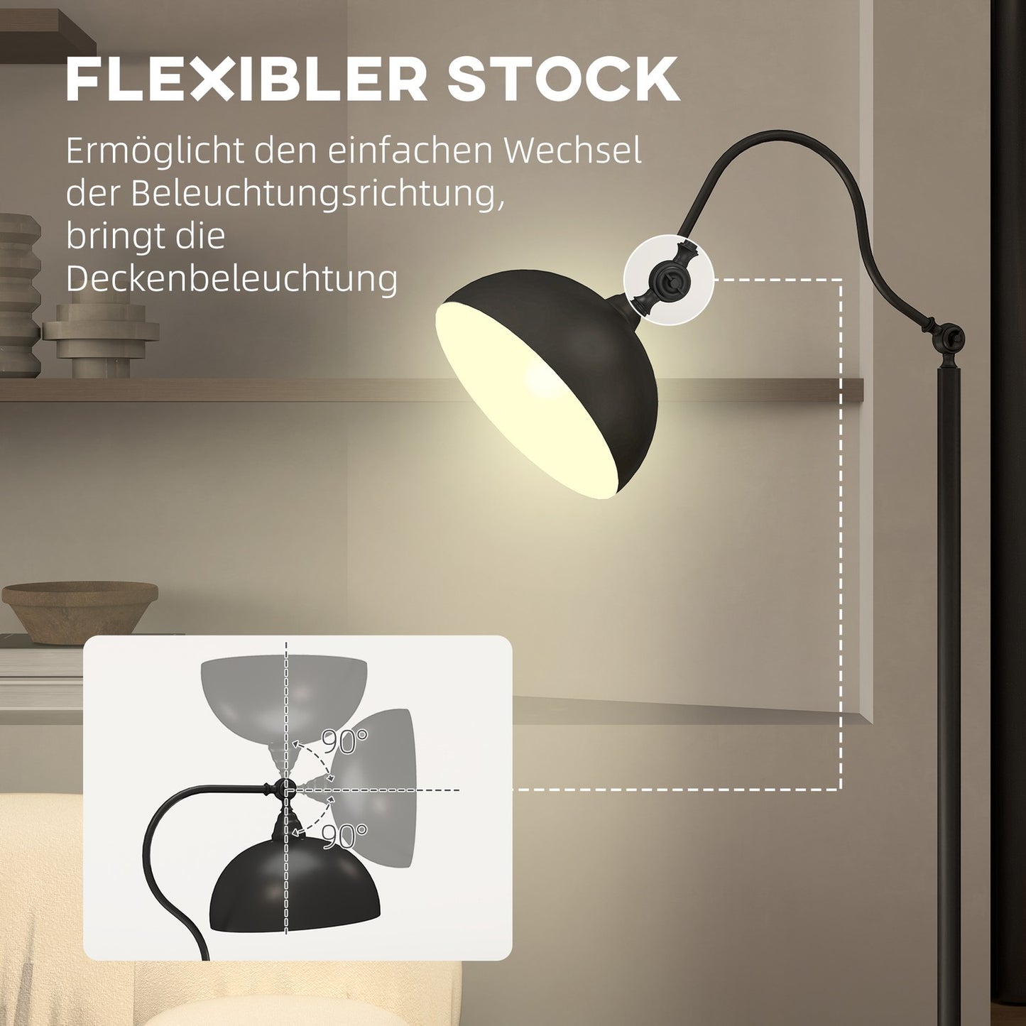 Black Metal Arc Floor Lamp - Adjustable Shade, Retro Design