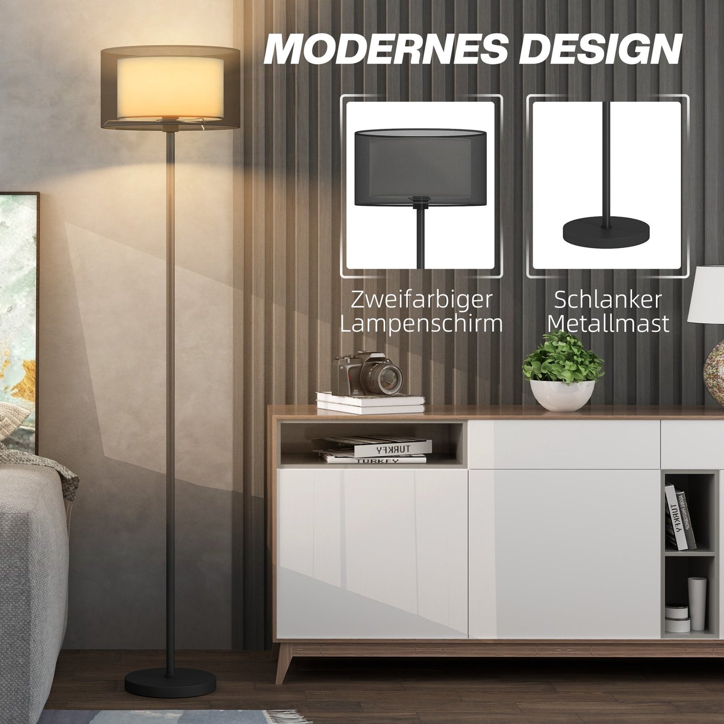 Floor lamp with E27 socket, two-tone fabric shade