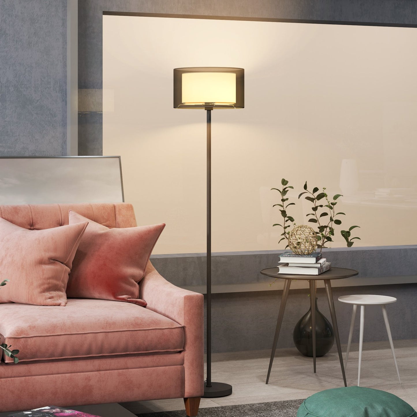 Floor lamp with E27 socket, two-tone fabric shade