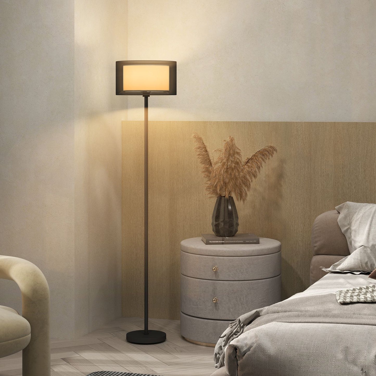 Floor lamp with E27 socket, two-tone fabric shade