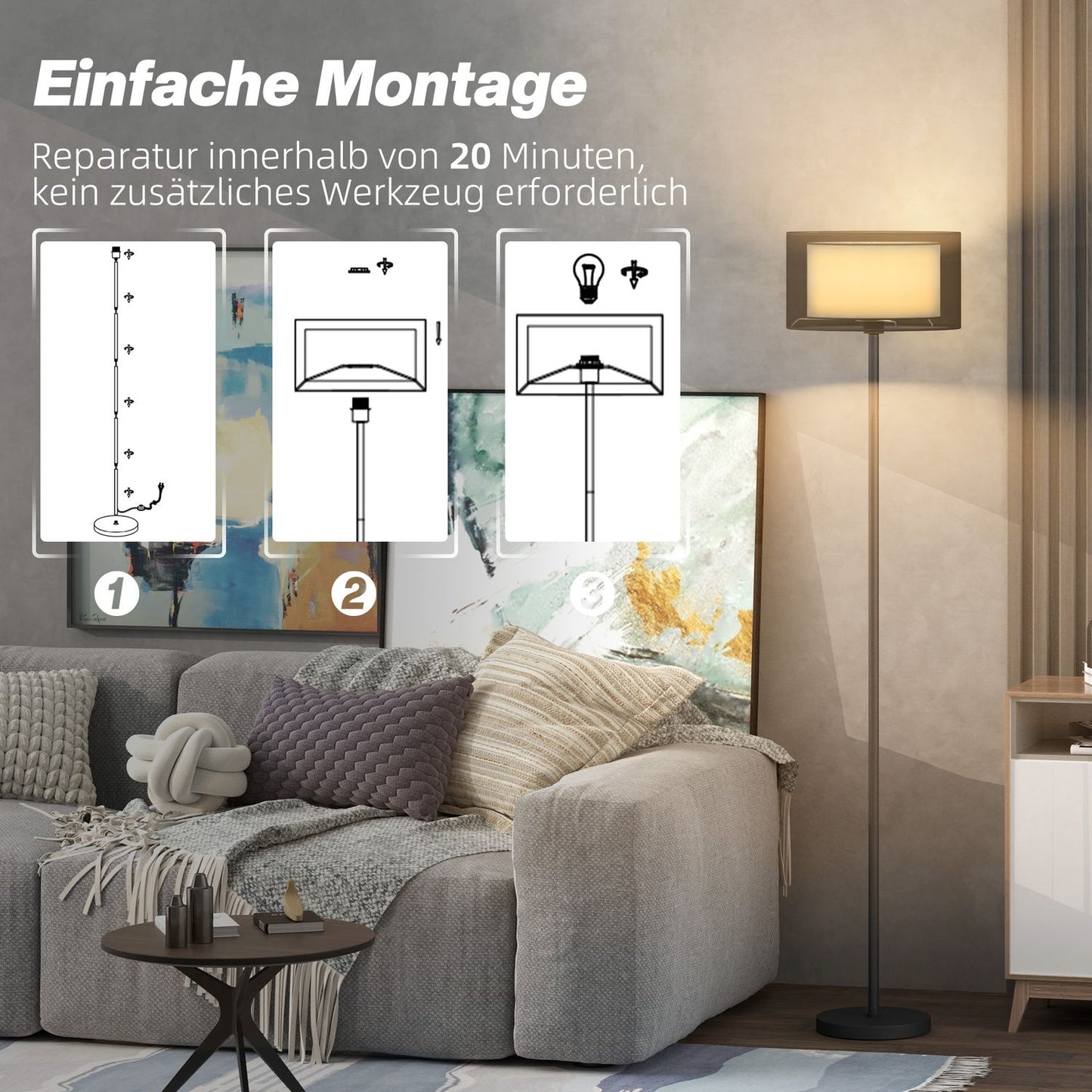 Floor lamp with E27 socket, two-tone fabric shade