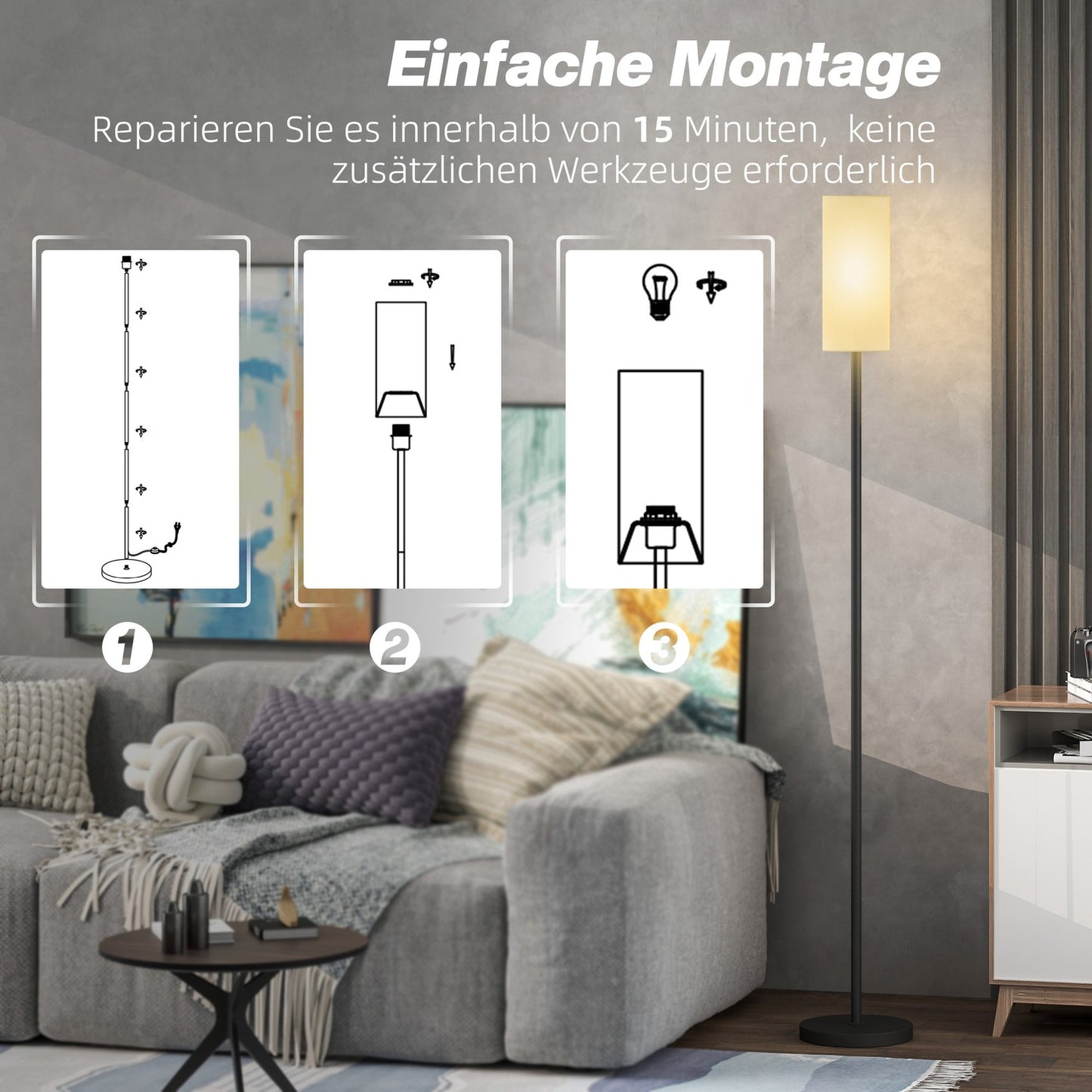 Floor lamp with fabric shade, E27 socket, foot switch