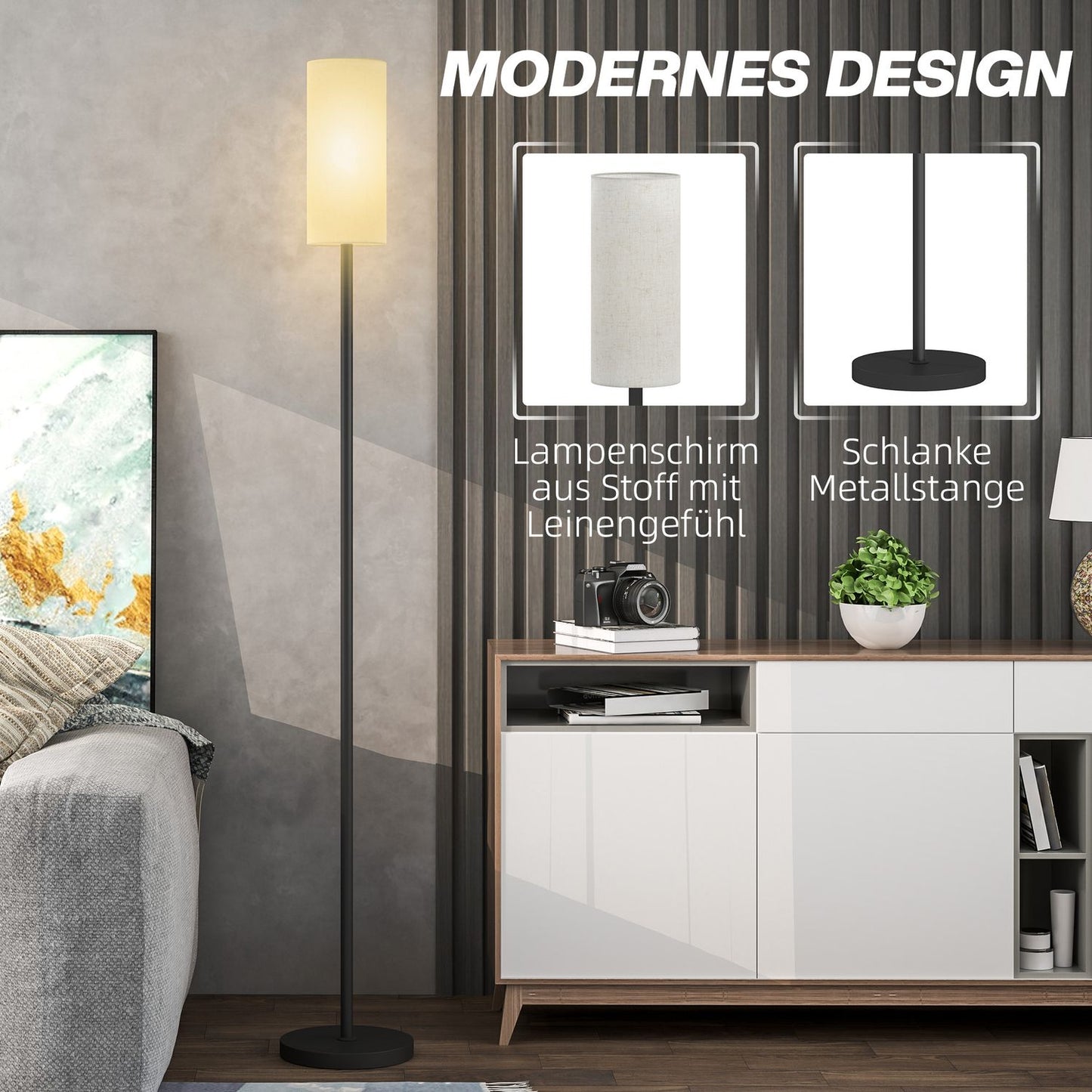 Floor lamp with fabric shade, E27 socket, foot switch