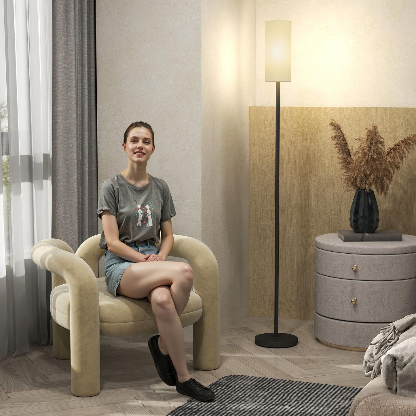 Floor lamp with fabric shade, E27 socket, foot switch