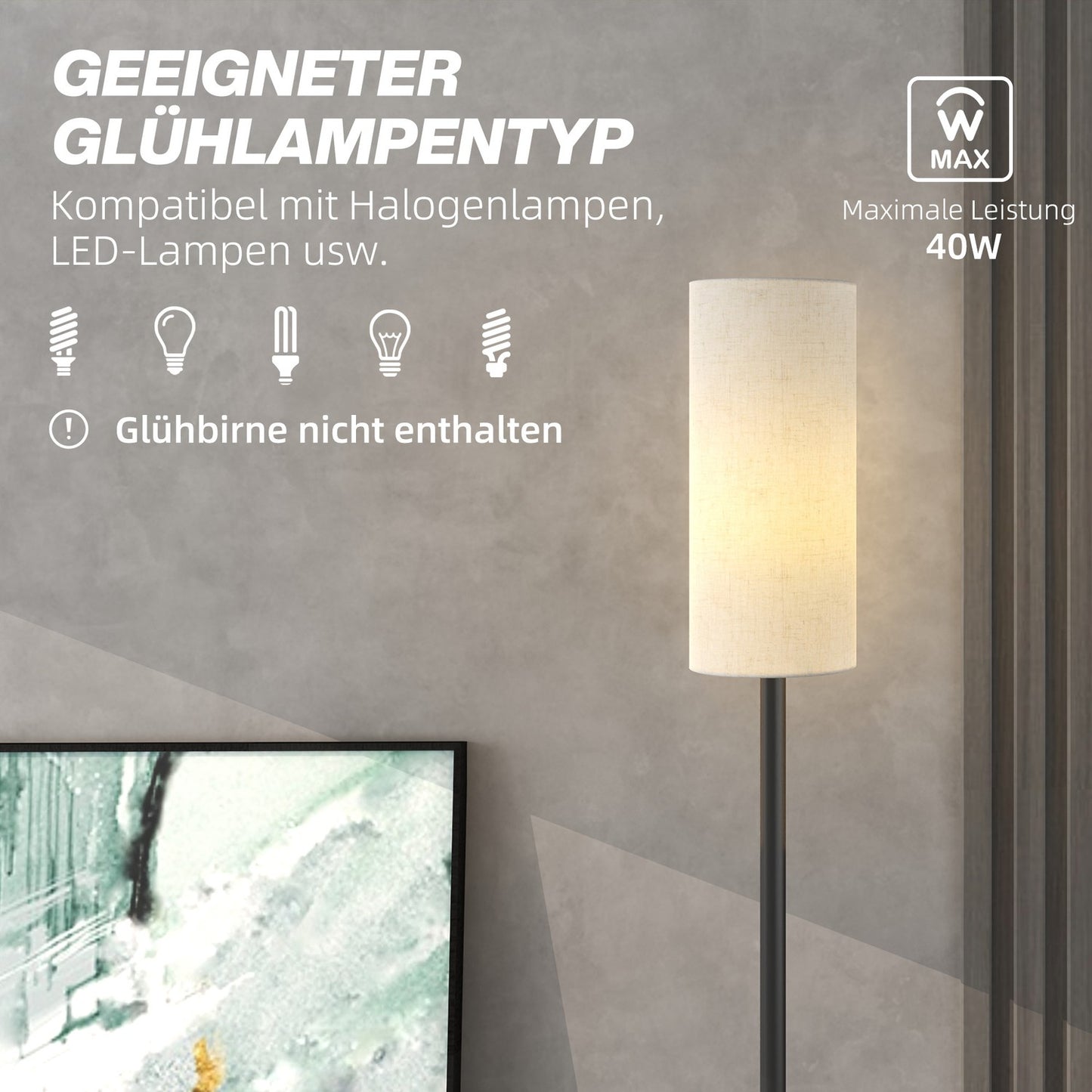 Floor lamp with fabric shade, E27 socket, foot switch