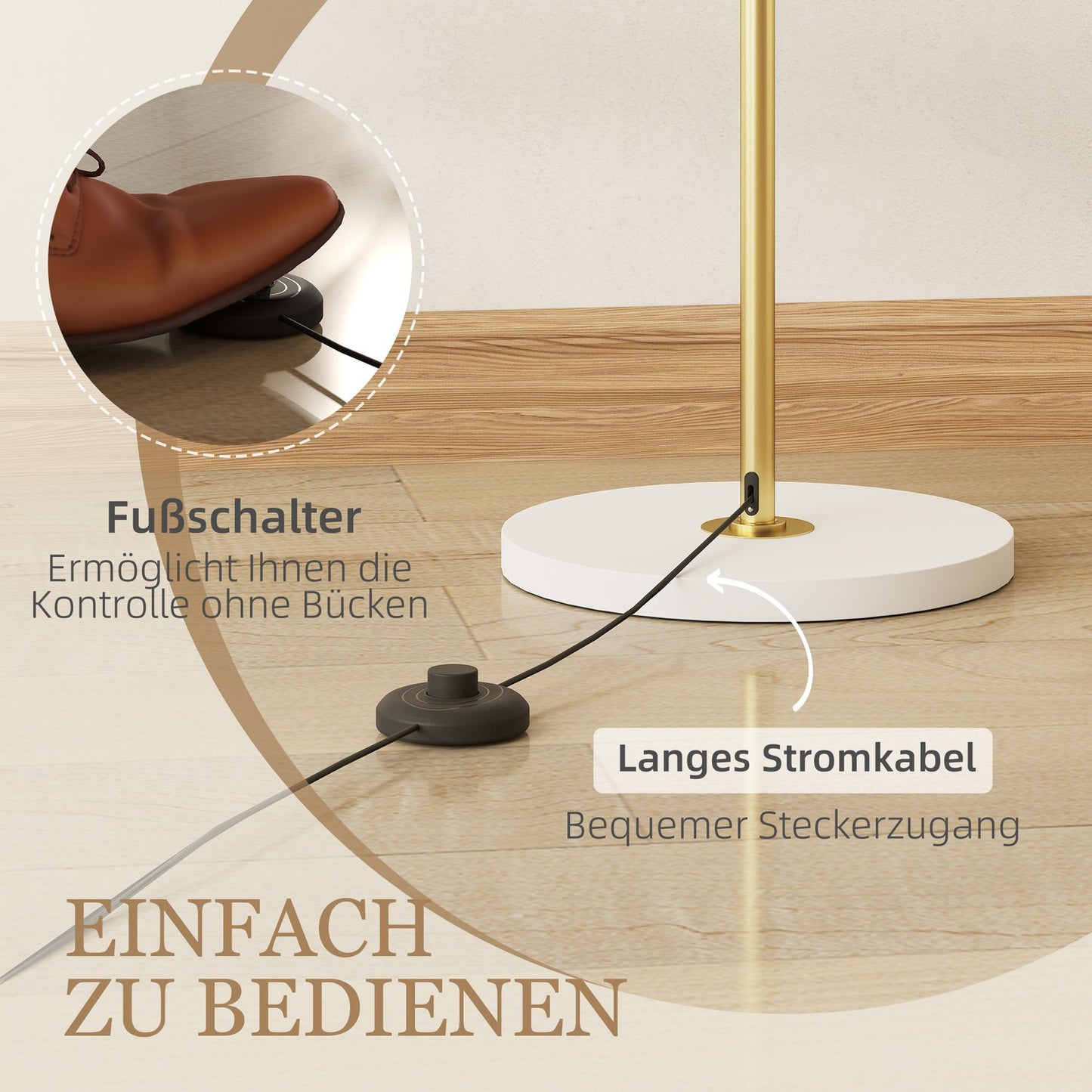 Floor lamp, foot switch, metal structure, acrylic shade, 4000K, dimmable, gold-colored