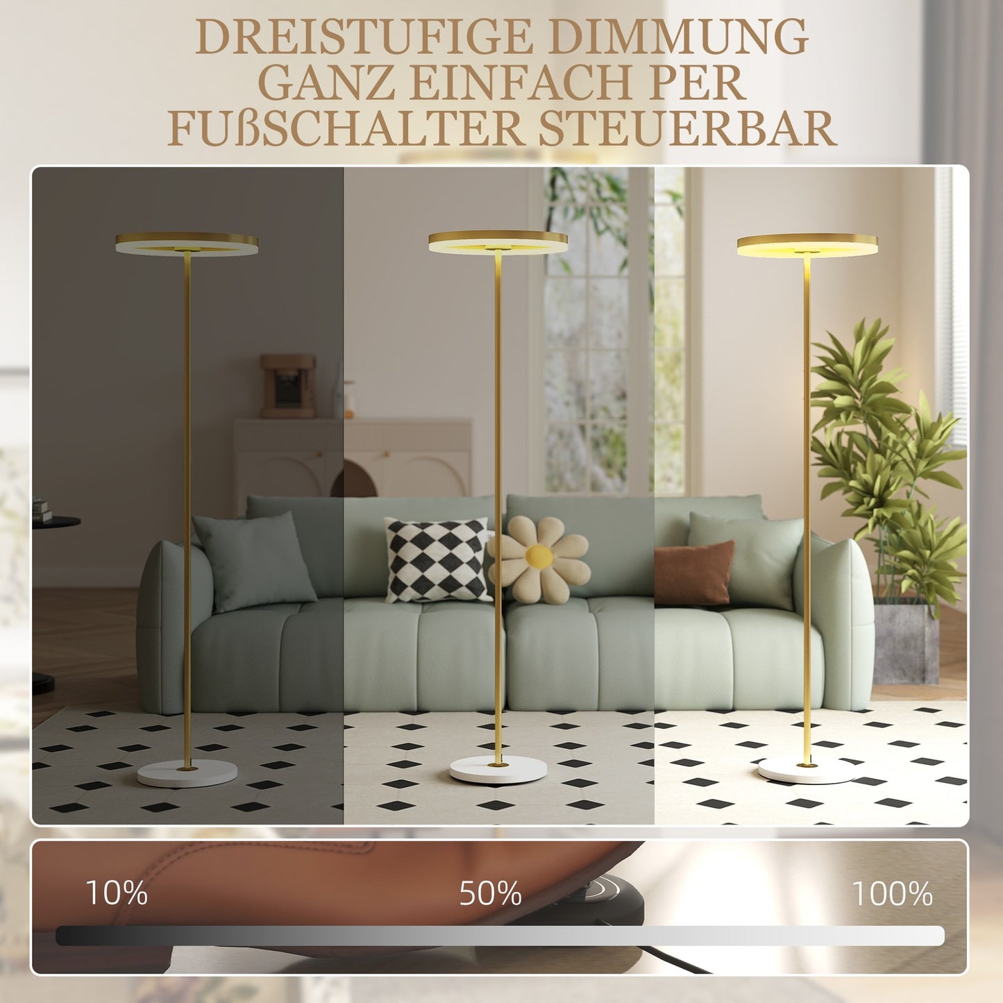 Floor lamp, foot switch, metal structure, acrylic shade, 4000K, dimmable, gold-colored