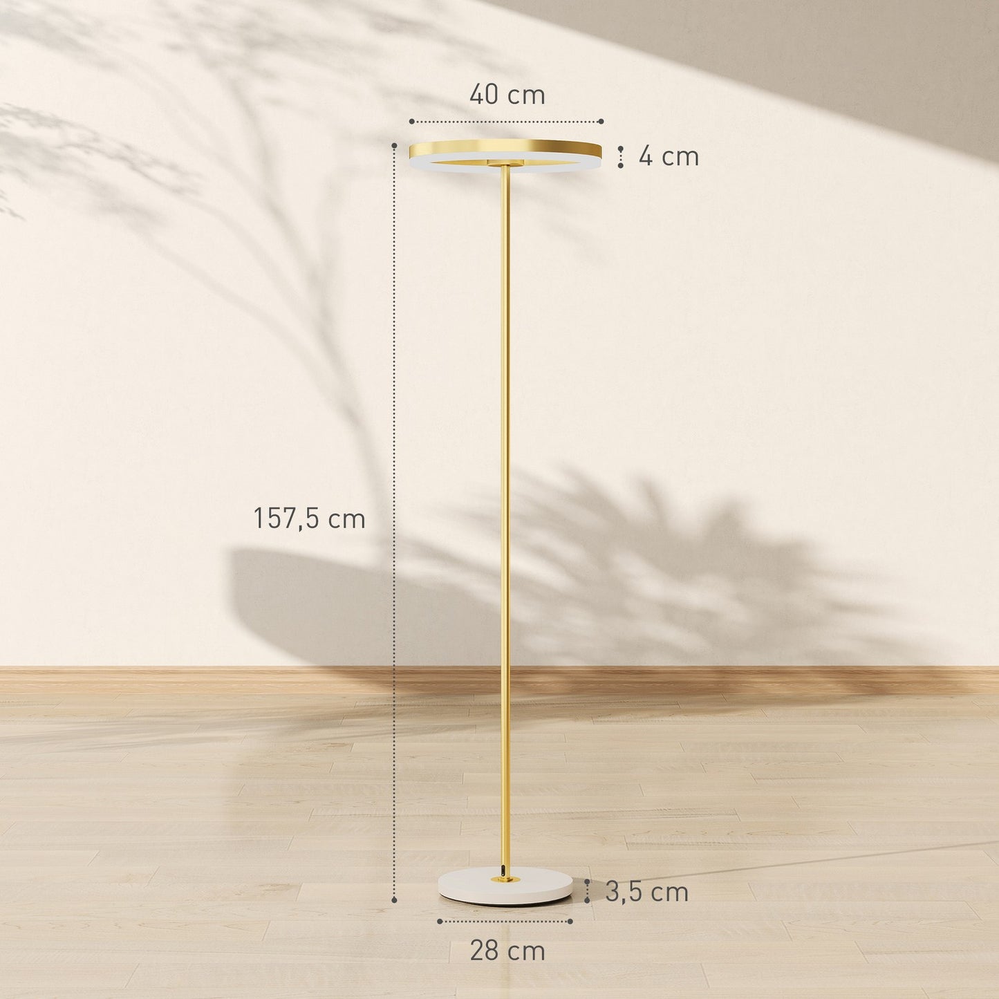 Floor lamp, foot switch, metal structure, acrylic shade, 4000K, dimmable, gold-colored