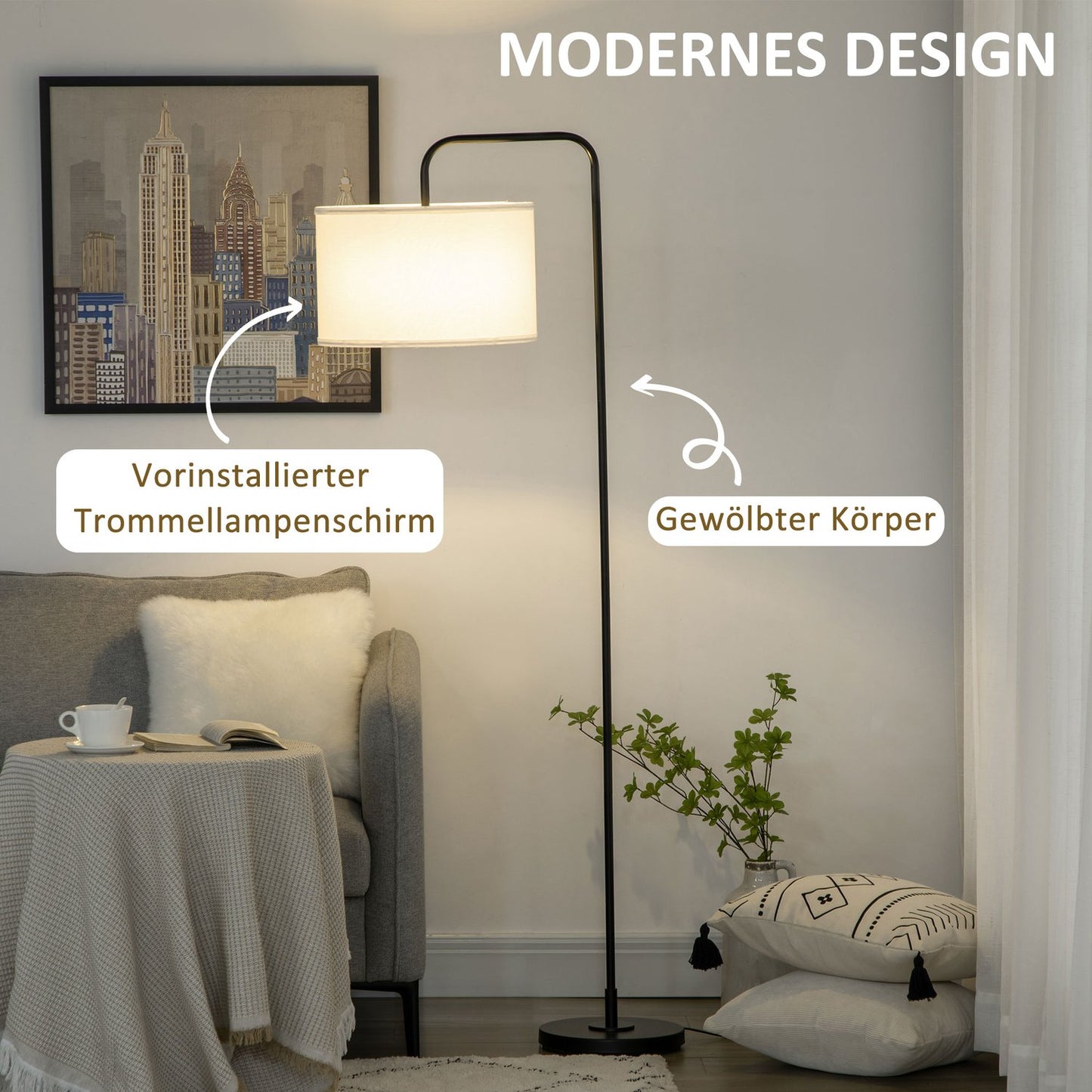 Modern black metal floor lamp with lampshade, 180 cm cord